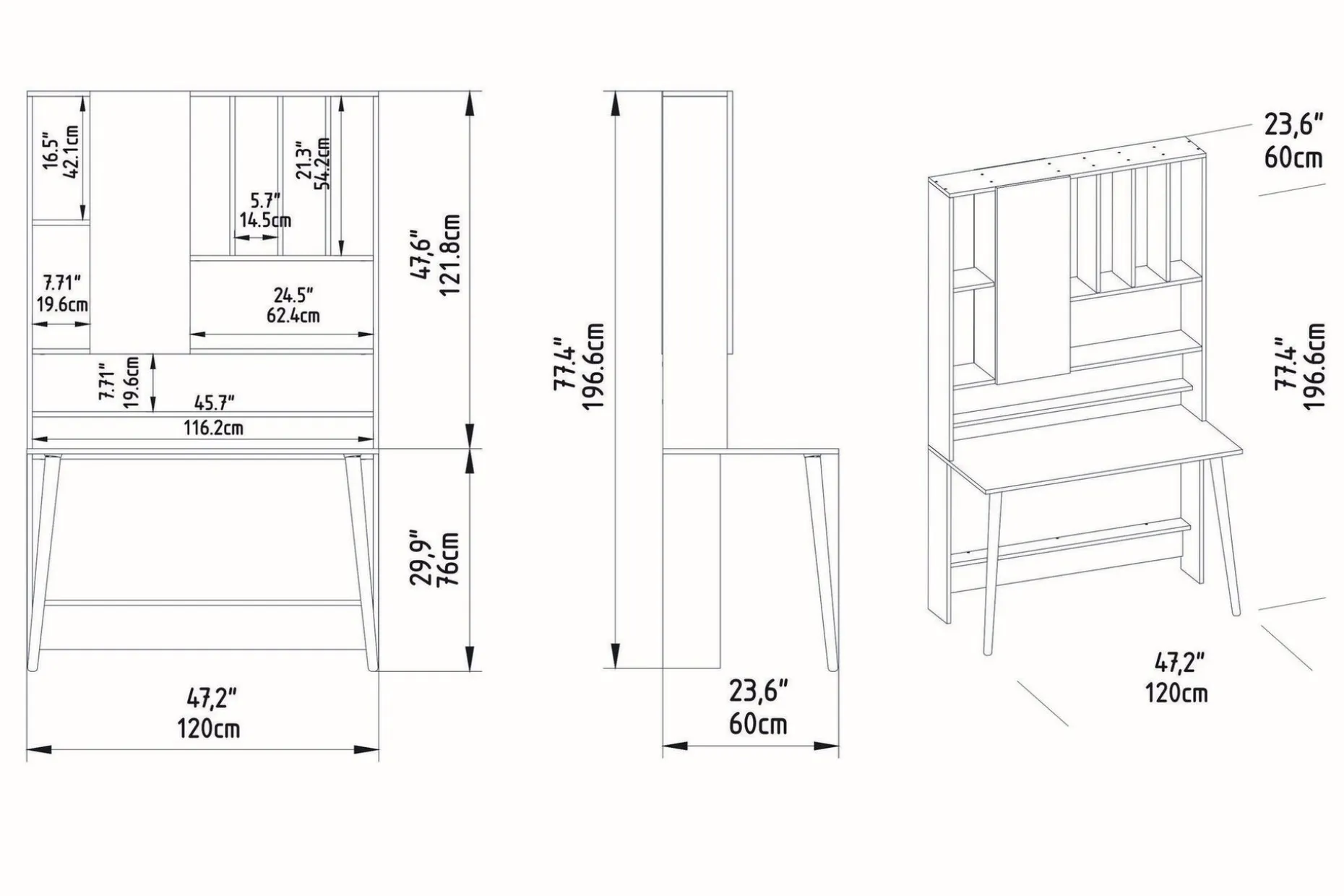 Andifli Skrivebord 60x196,6x120 cm med oppbevaring