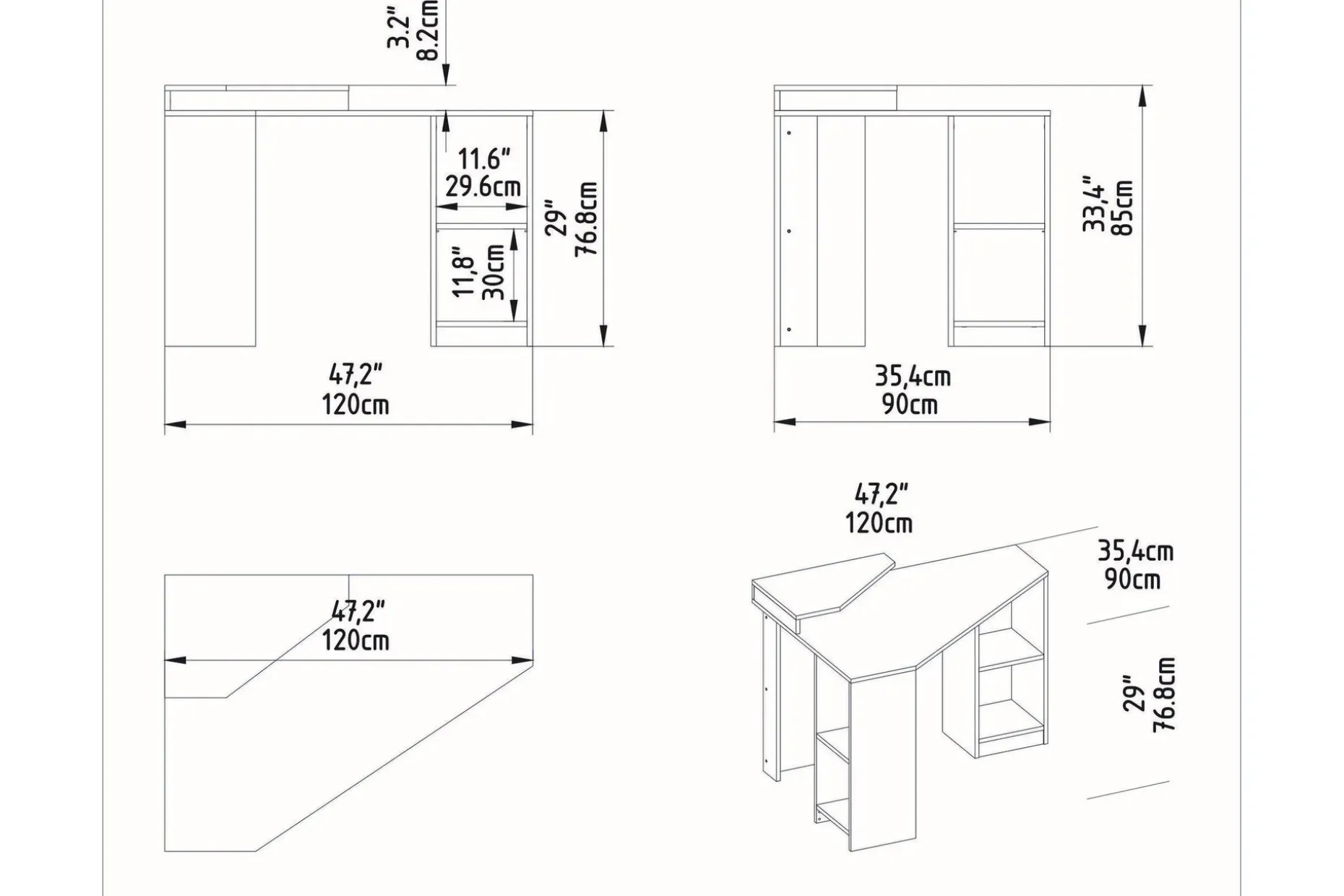 Andifli Skrivebord 90x76,8x120 cm med oppbevaring