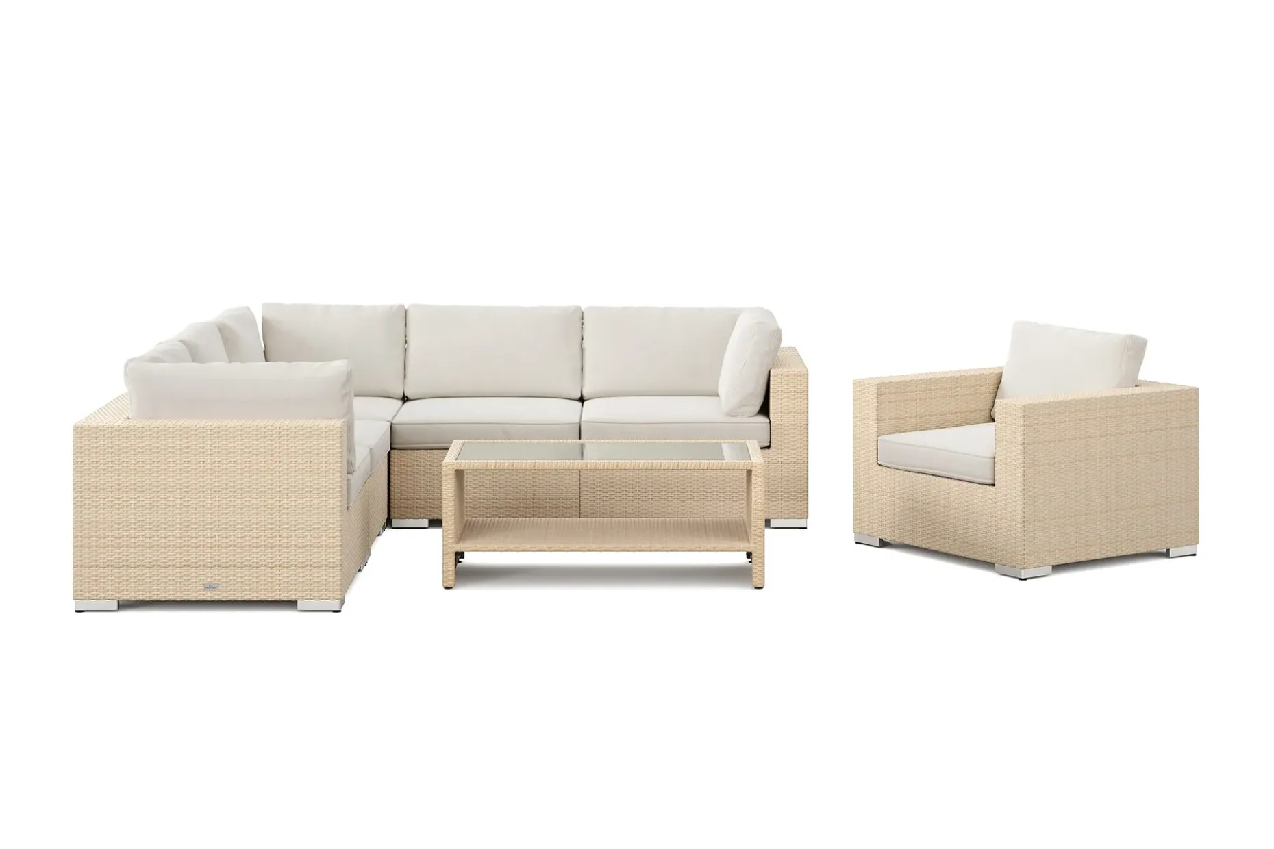 Bahamas utendørs hjørnesofa 6-seters vendbar med lenestol og bord med hylle