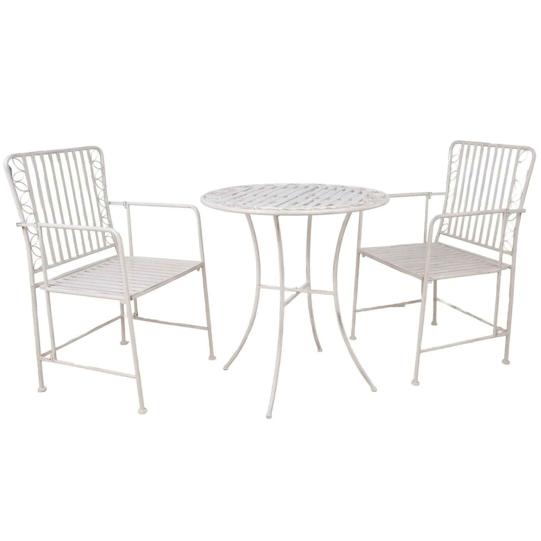 Balkongsett HOME4YOU Jasmine bord og 2 stoler antikkhvitt metall