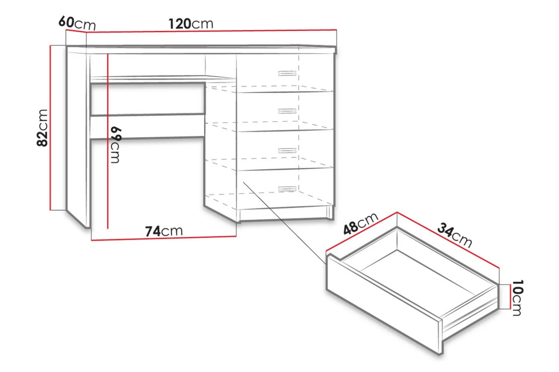 Castillia Skrivebord 120 cm med Oppbevaring 4 Skuffer + Hyll