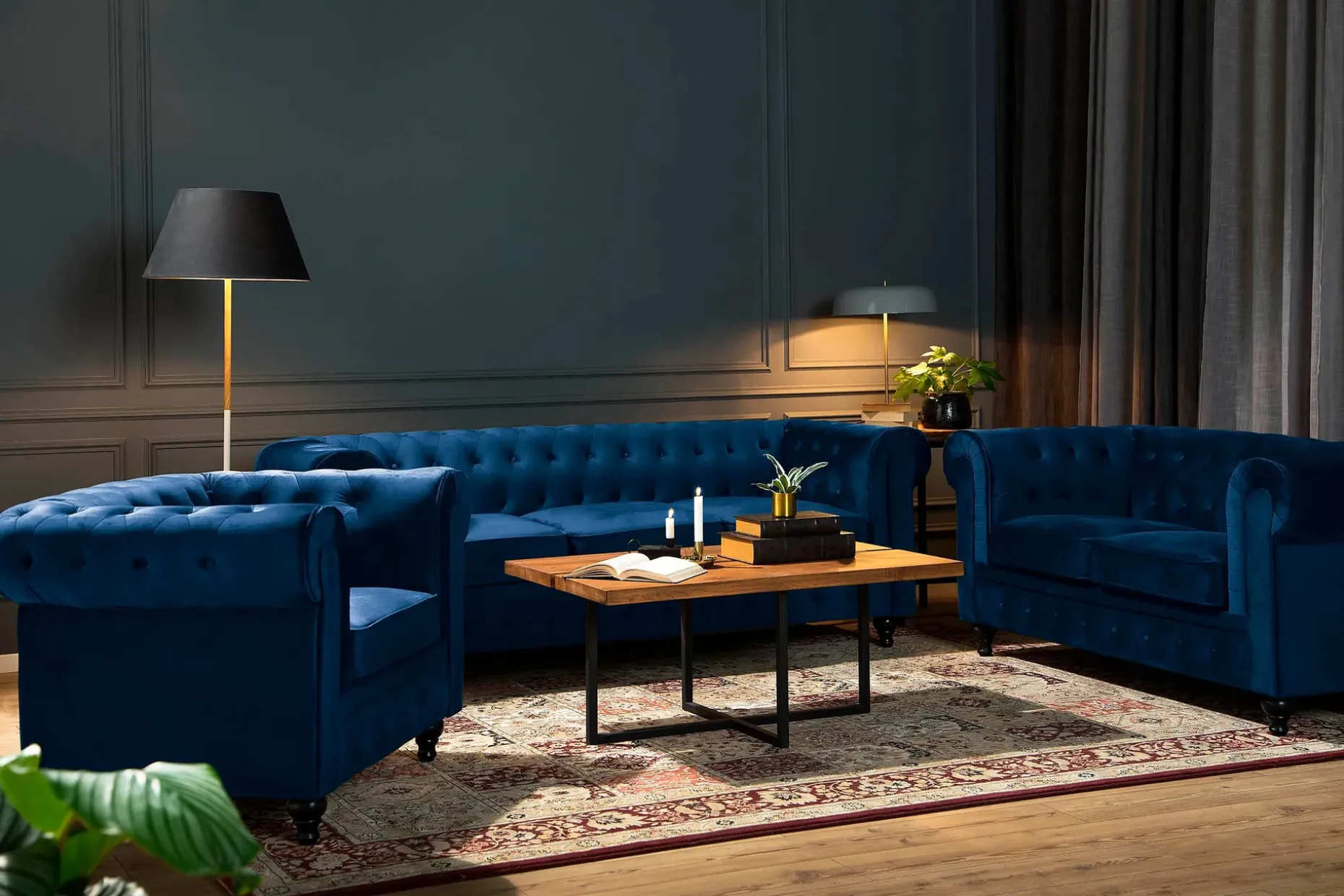 Chesterfield Lyx 2-seter Liten fløyelssofa – Dyp sofa 160 cm bred