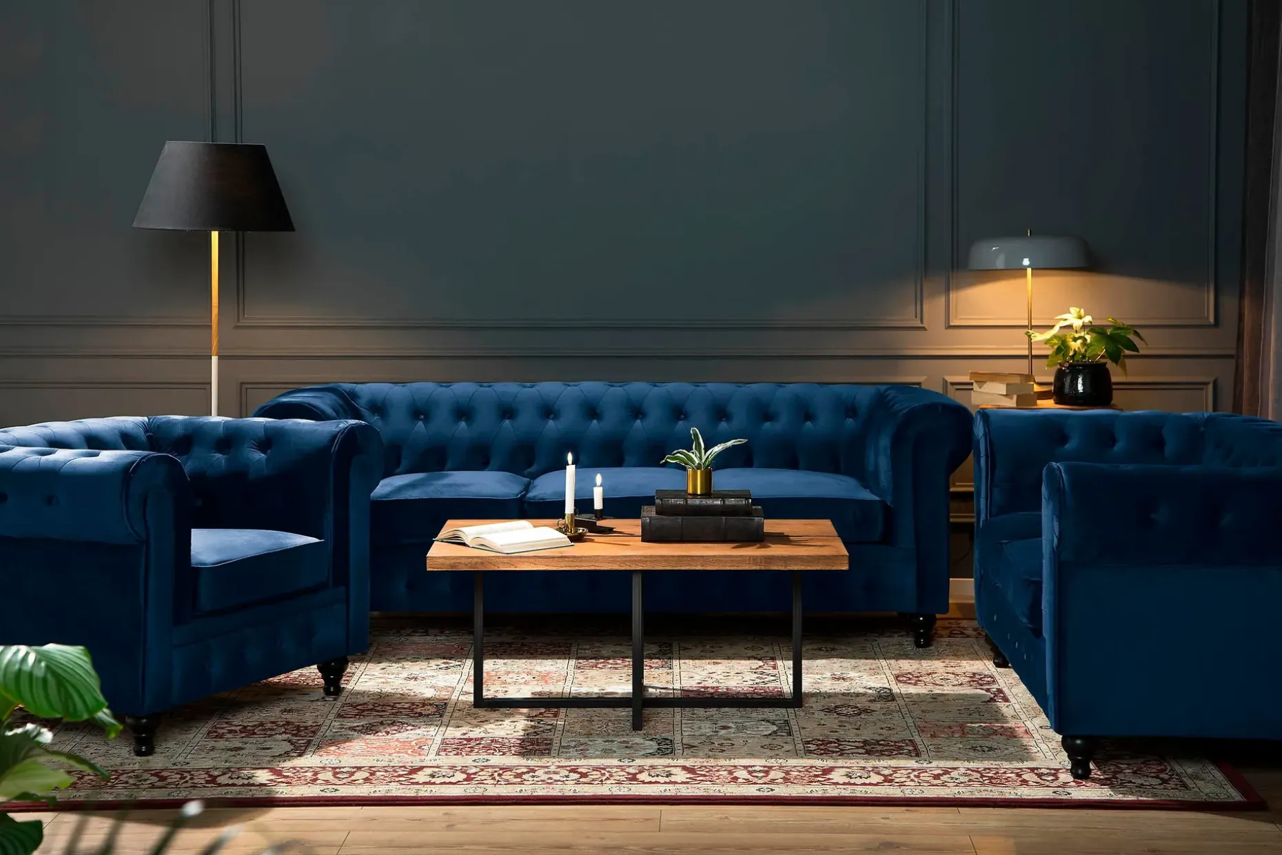 Chesterfield Lyx 2-seter Liten fløyelssofa – Dyp sofa 160 cm bred