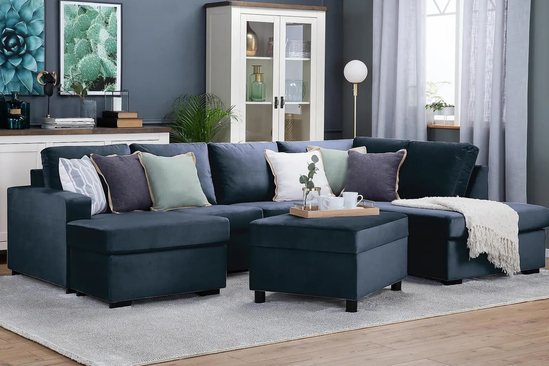 Crazy 4-seters Høyrevendt U-formet Large Sofa med Divan og Sjeselong i Fløyel