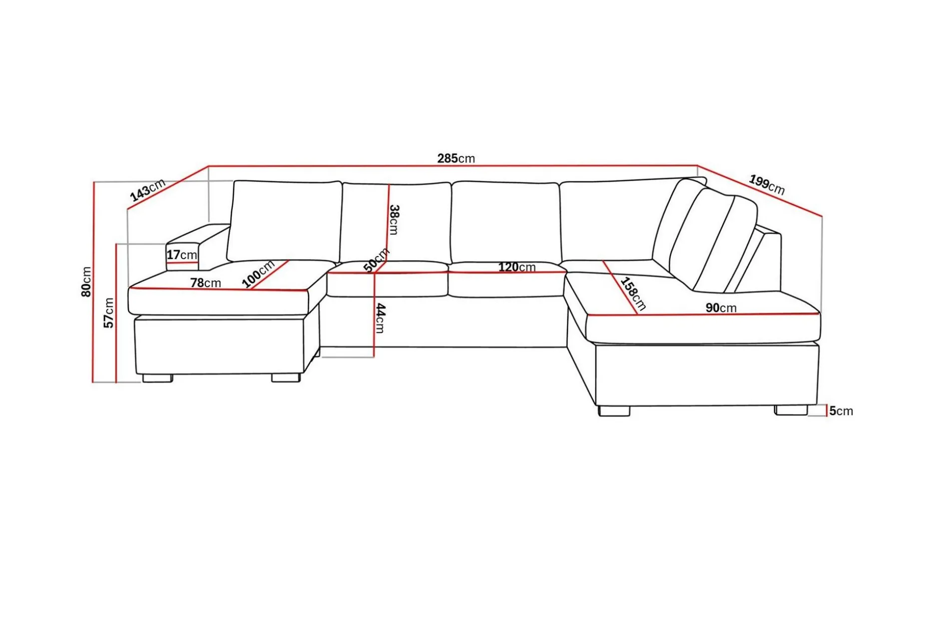 Crazy 4-seters Høyrevendt U-formet Large Sofa med Divan og Sjeselong i Fløyel