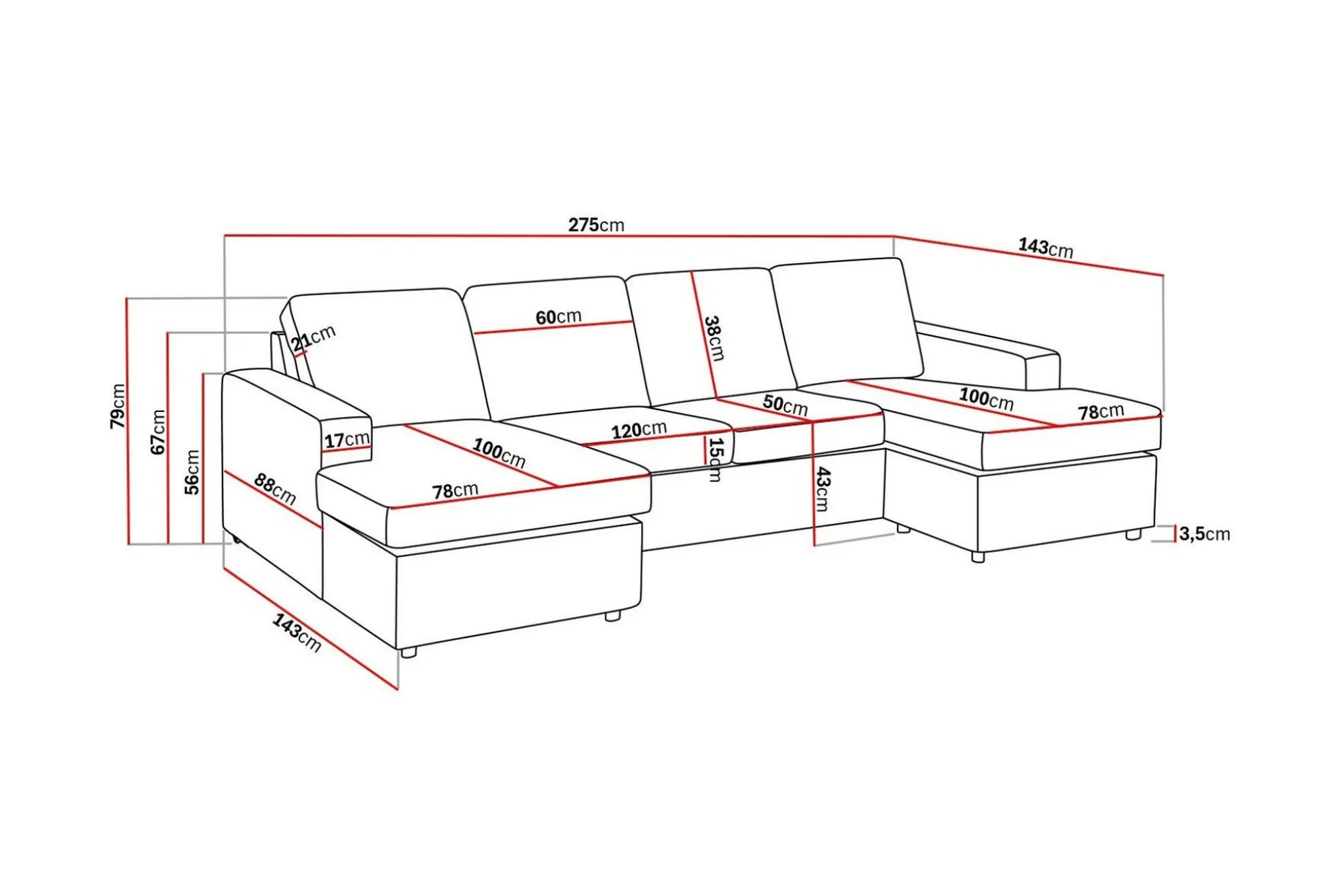 Crazy 4-seters U-formet Sofa med Dobbeldivan i Stoff