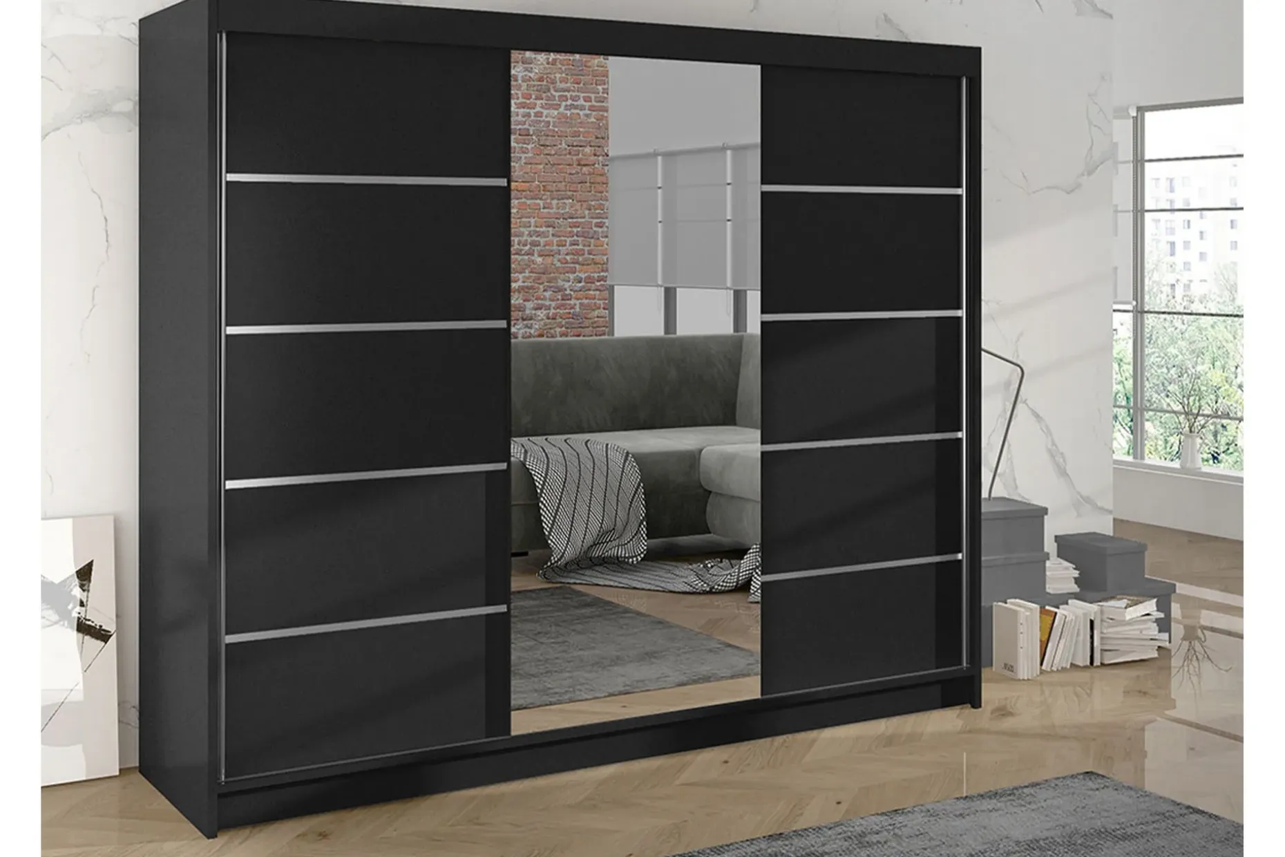 Cyria Garderobe med romslig Oppbevaring og Skyvedører med Speil 200x215 cm