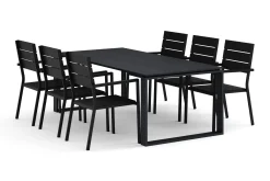 Devon utendørs spisegruppe 210x100 cm med 6 stablebare Tunis-stoler