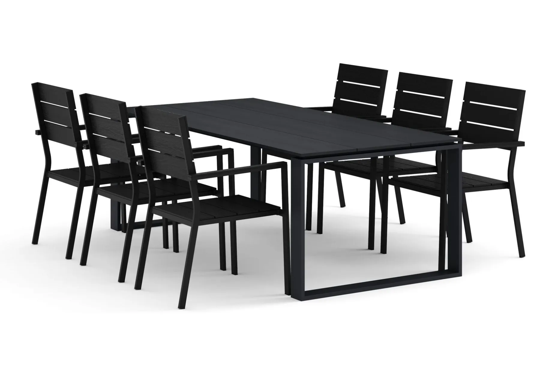 Devon utendørs spisegruppe 210x100 cm med 6 stablebare Tunis-stoler