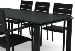 Devon utendørs spisegruppe 210x100 cm med 6 stablebare Tunis-stoler