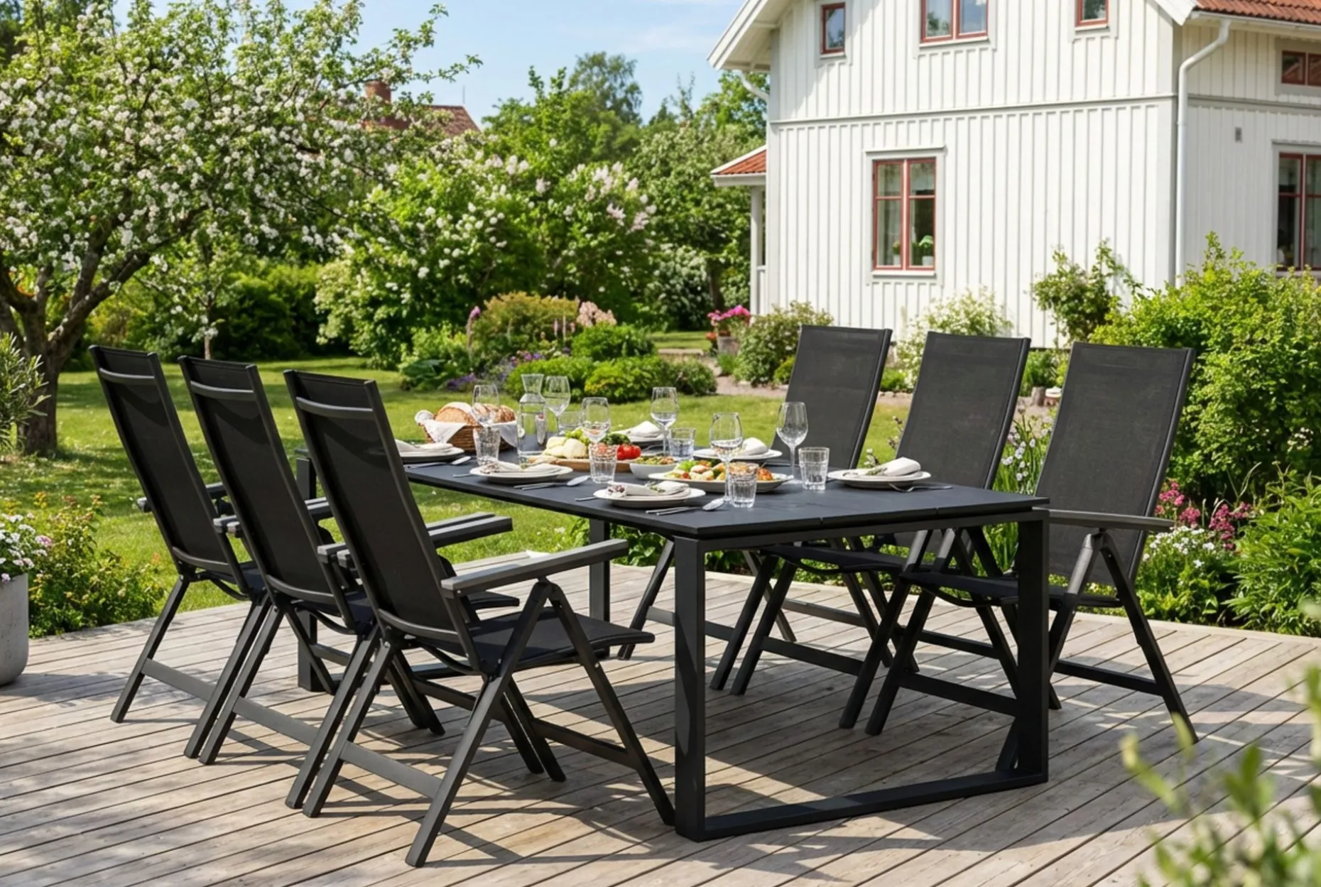 Devon utendørs spisegruppe 210x100 cm med 6 Monaco Light regulerbare stoler