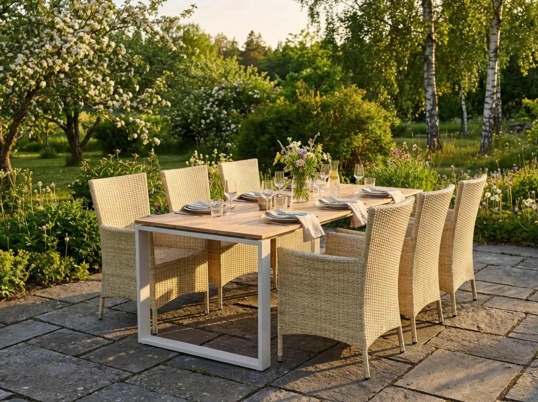 Devon utendørs spisegruppe 210x100 cm med 6 Thor-stoler med armlener