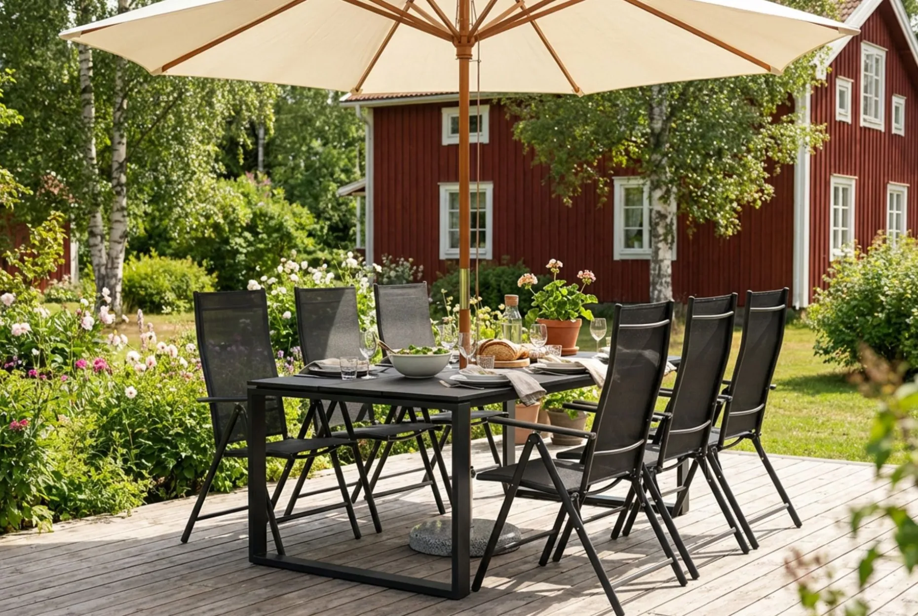 Devon utendørs spisegruppe 210x100 cm med 6 regulerbare stoler