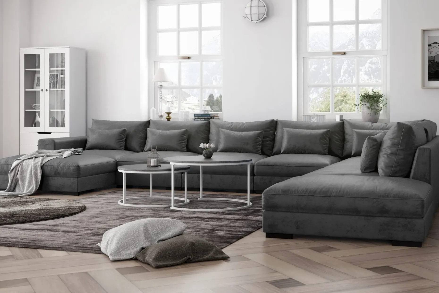 Dubai stor U-modulsofa med divan venstre fløyel 527 cm ekstra dyp