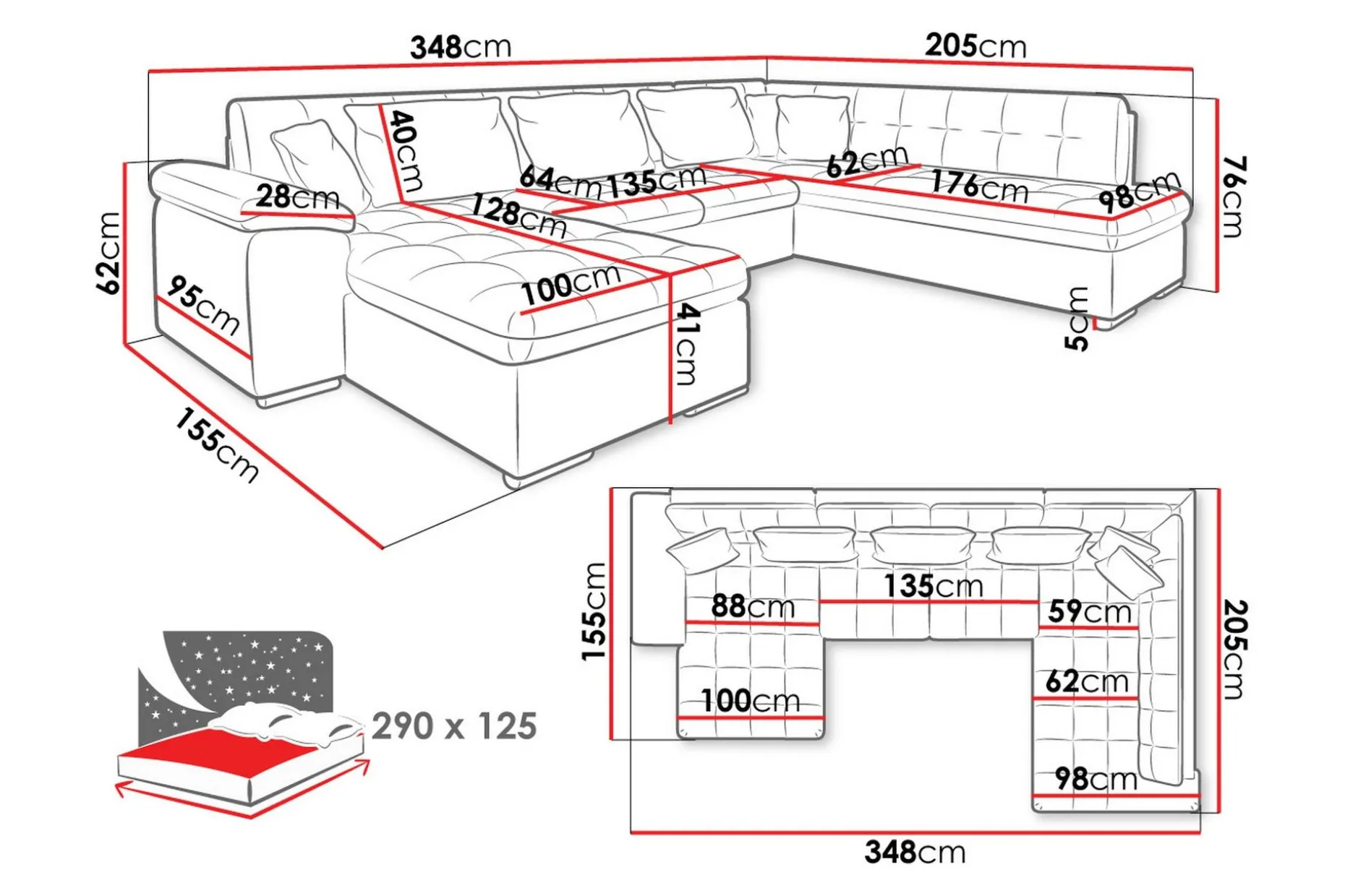 Dynir Sofa med Sjeselong og Divan 4-seter