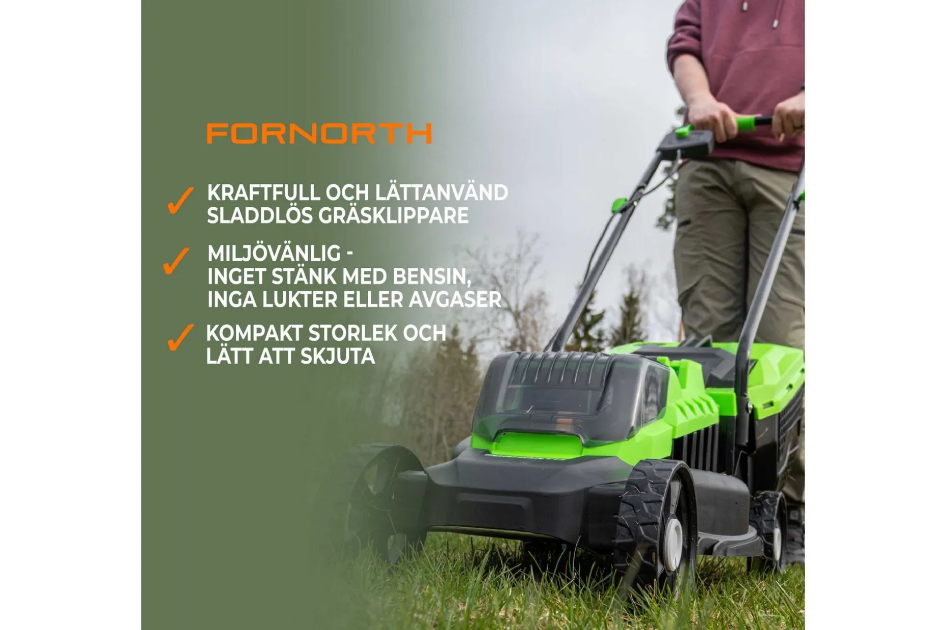 Fornorth Batteridrevet Gressklipper Gh1000E, 20V med Batteri og Lader