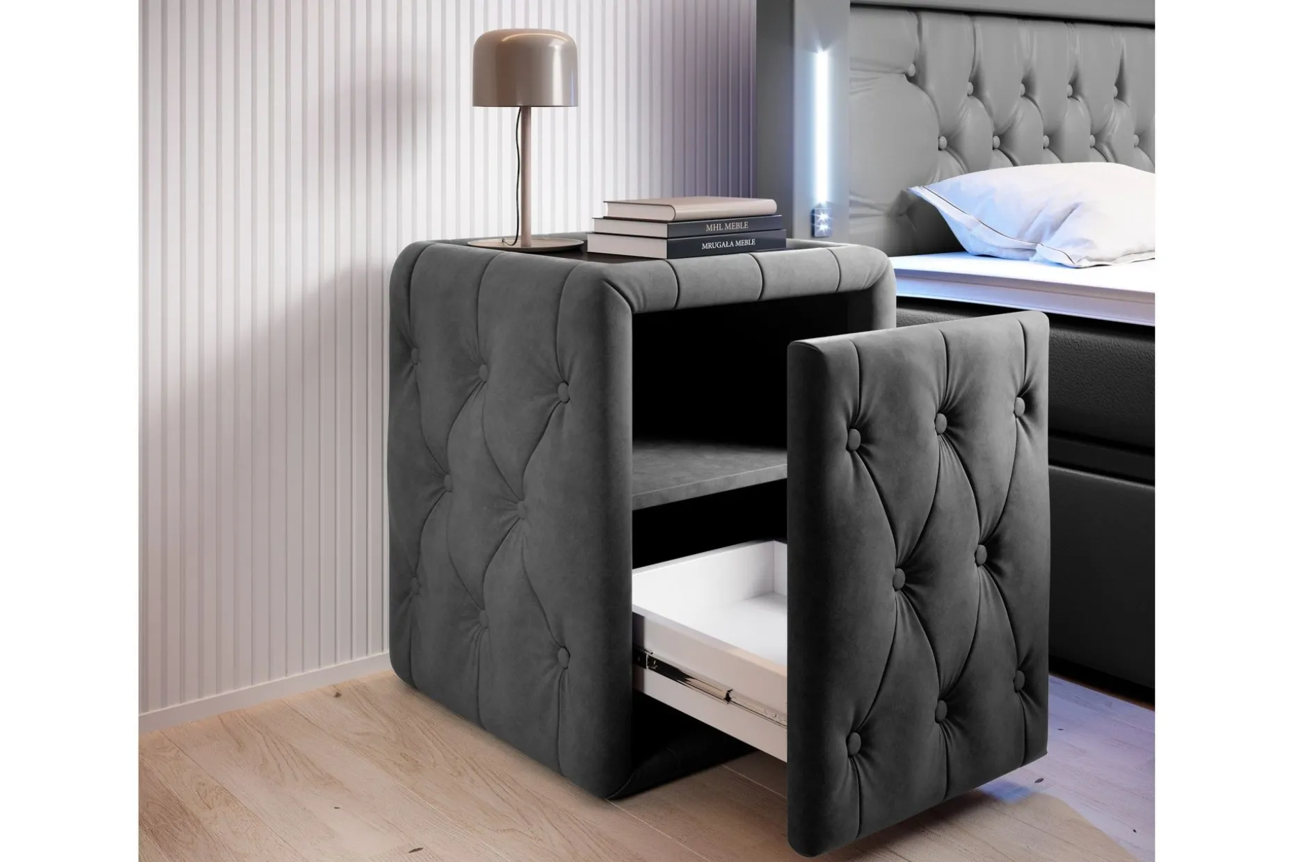 Franco Komplett Sengpakke med Oppbevaring LED-belysning 180x200 cm + 2 stk. Franco Nattbord