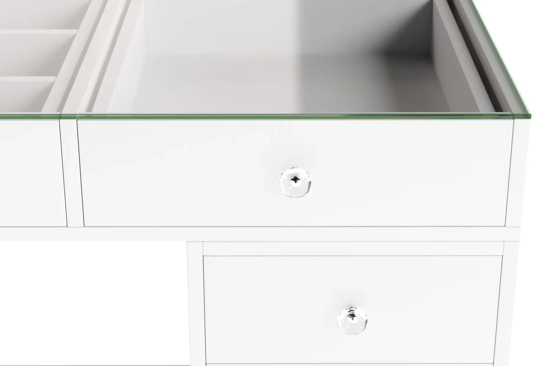 Glow Stort sminkebord med glassplate Oppbevaring med skuffer og rom 120 cm