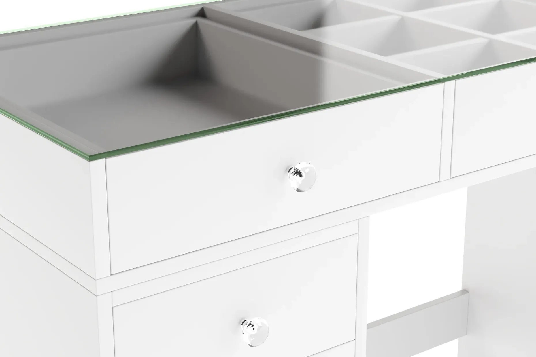 Glow Stort sminkebord med glassplate Oppbevaring med skuffer og rom 120 cm