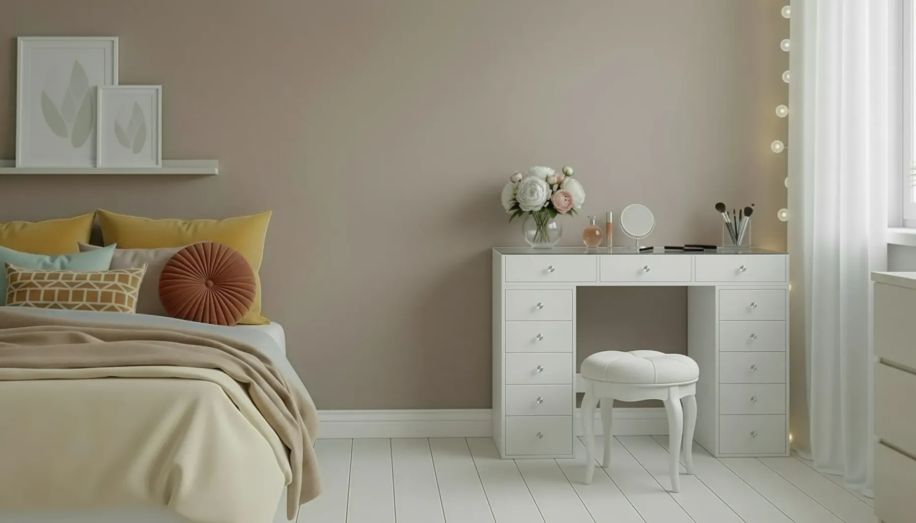 Glow Stort sminkebord med glassplate Oppbevaring med skuffer og rom 120 cm