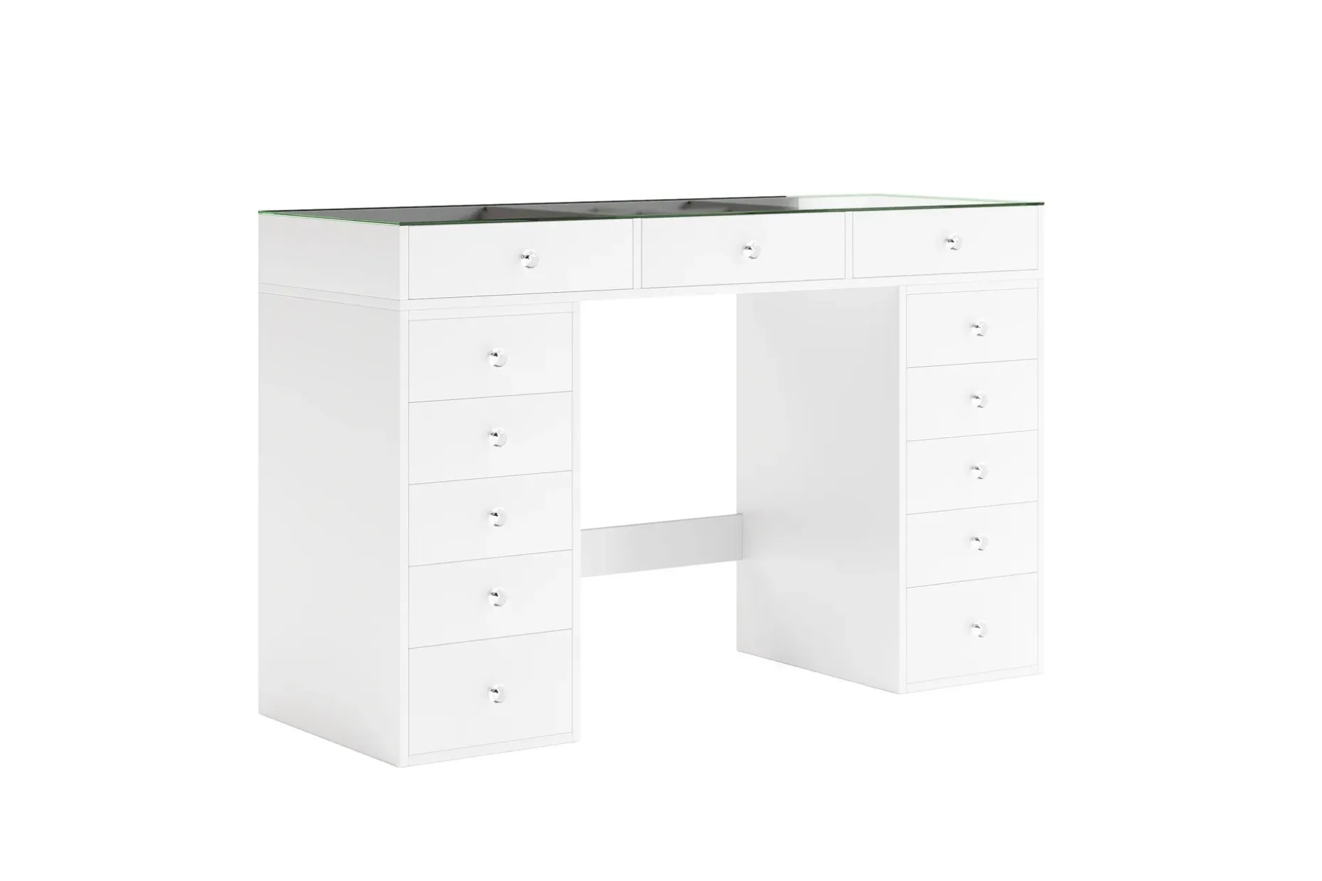 Glow Stort sminkebord med glassplate Oppbevaring med skuffer og rom 120 cm