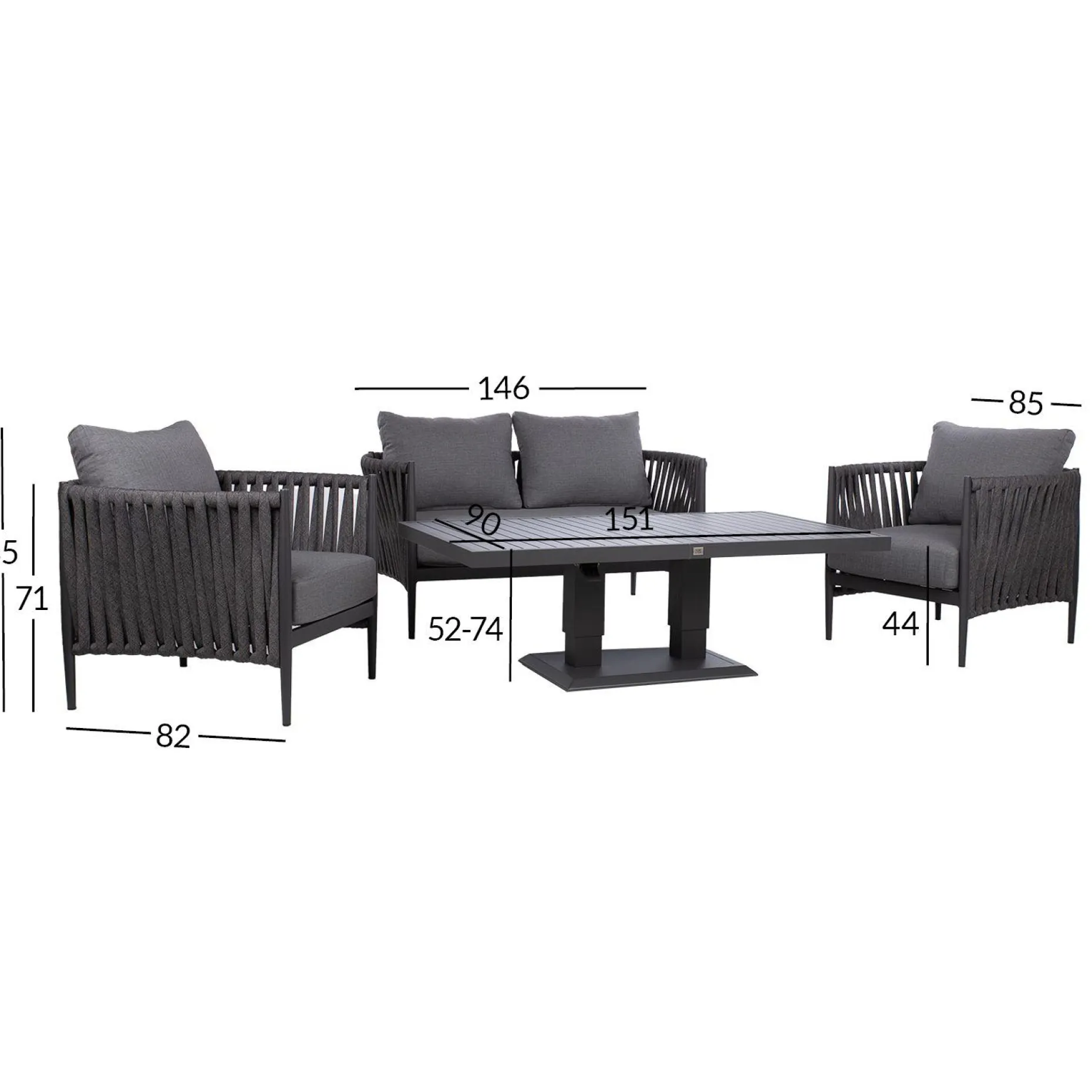 Hagemøbelsett HOME4YOU Bristol bord, sofa og 2 stoler grå
