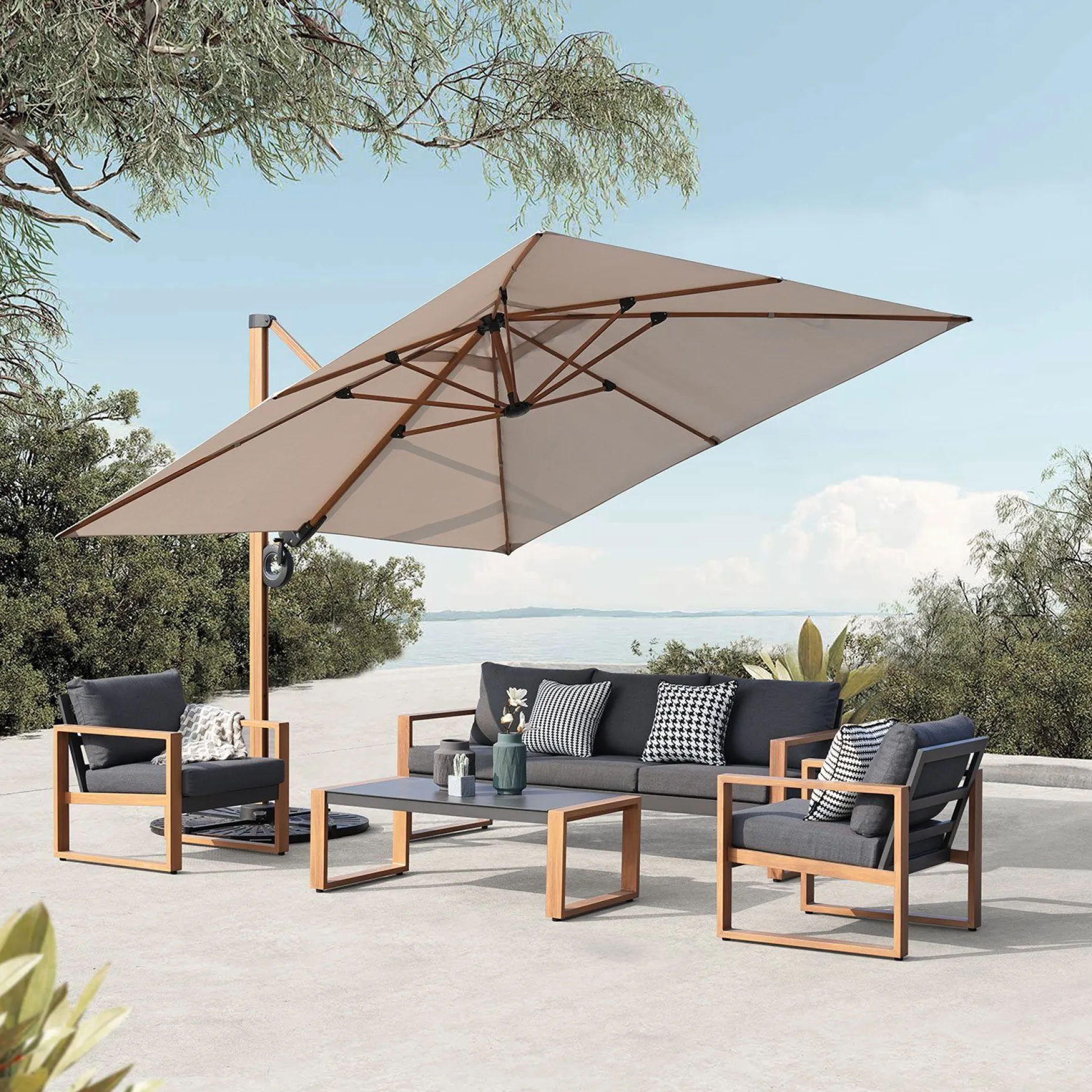 Hagemøbelsett HOME4YOU Duisburg bord, sofa og 2 lenestoler