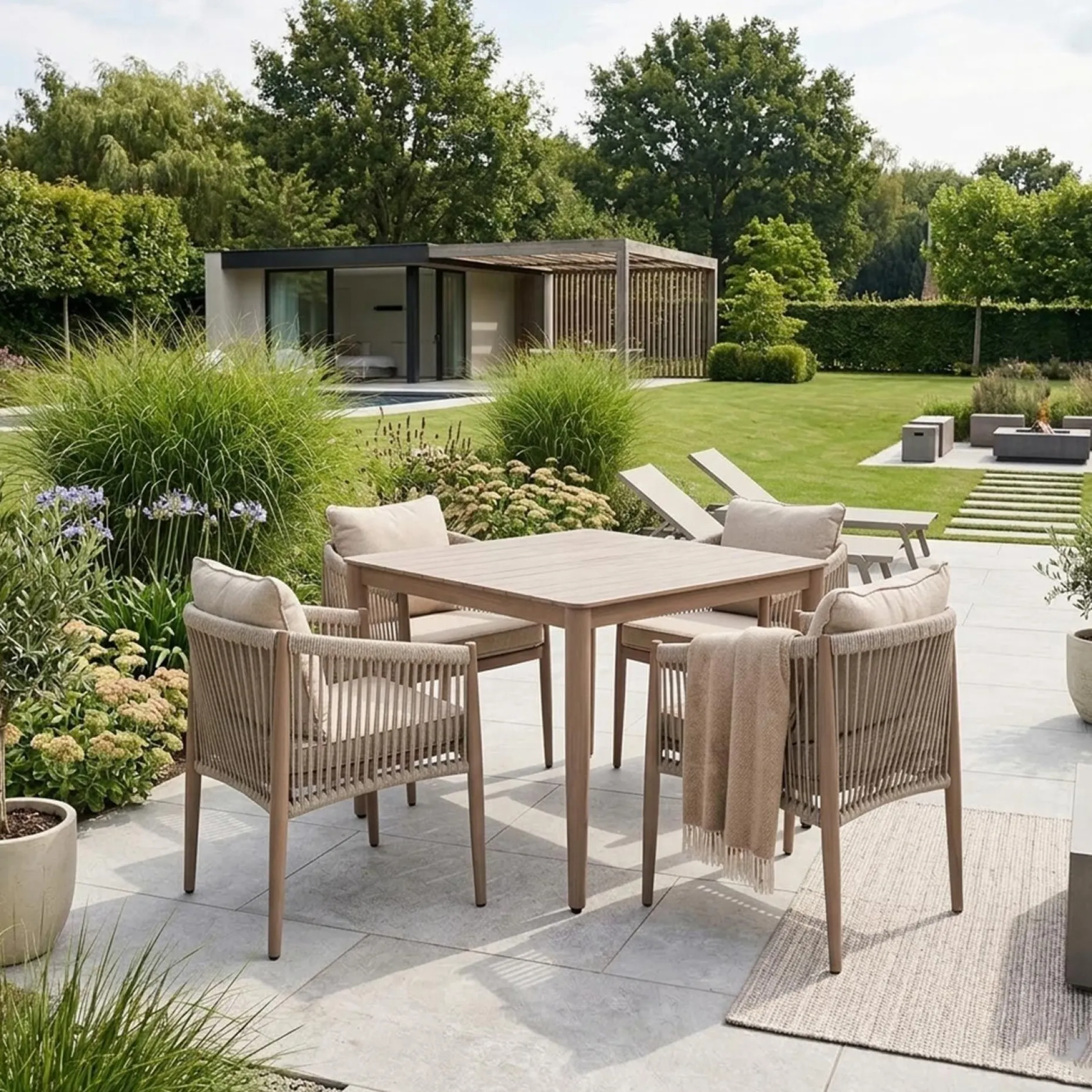 Hagemøbelsett HOME4YOU Medina bord og 4 stoler beige