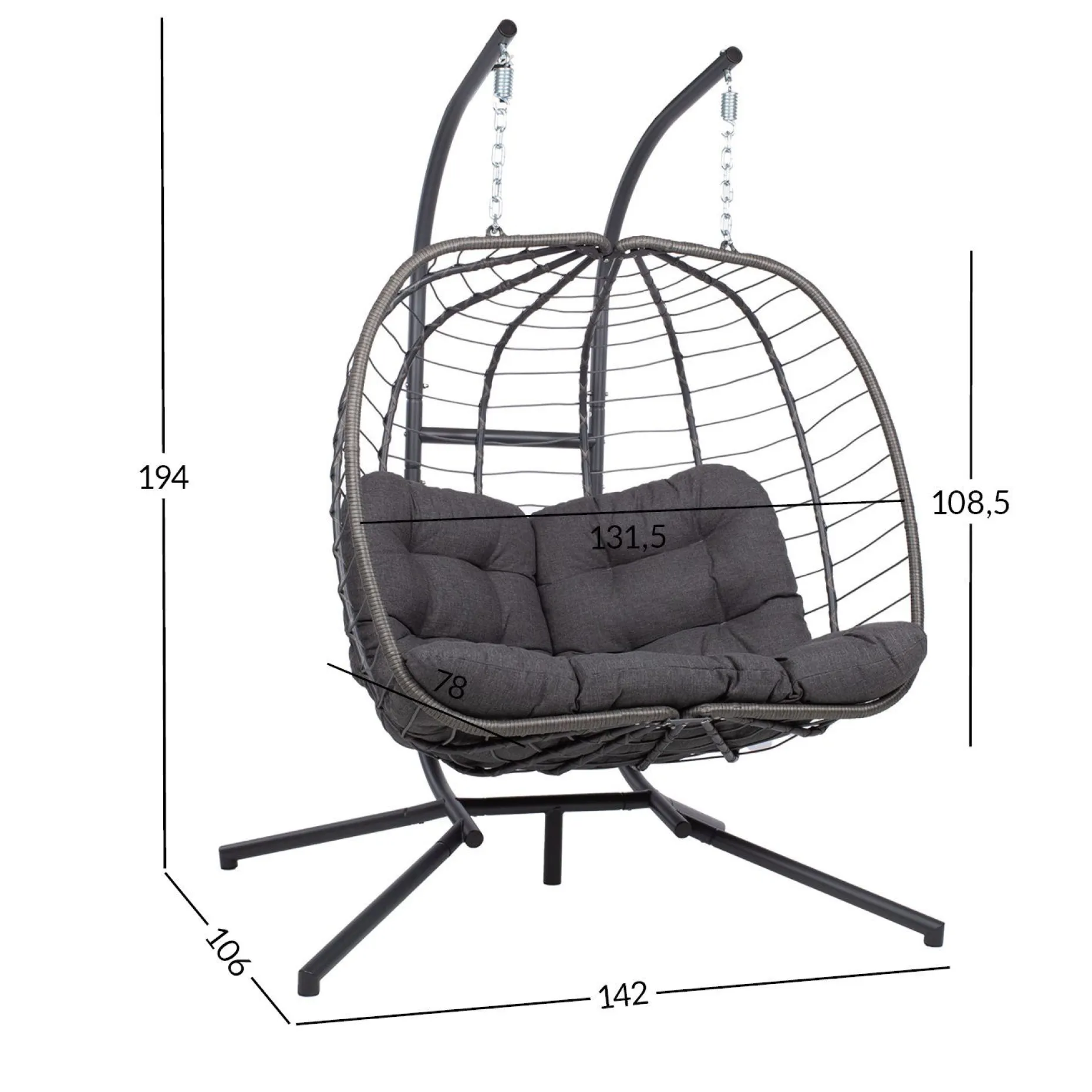 Hengestol HOME4YOU Finse 2-seter 142x106x194 cm mørkegrå