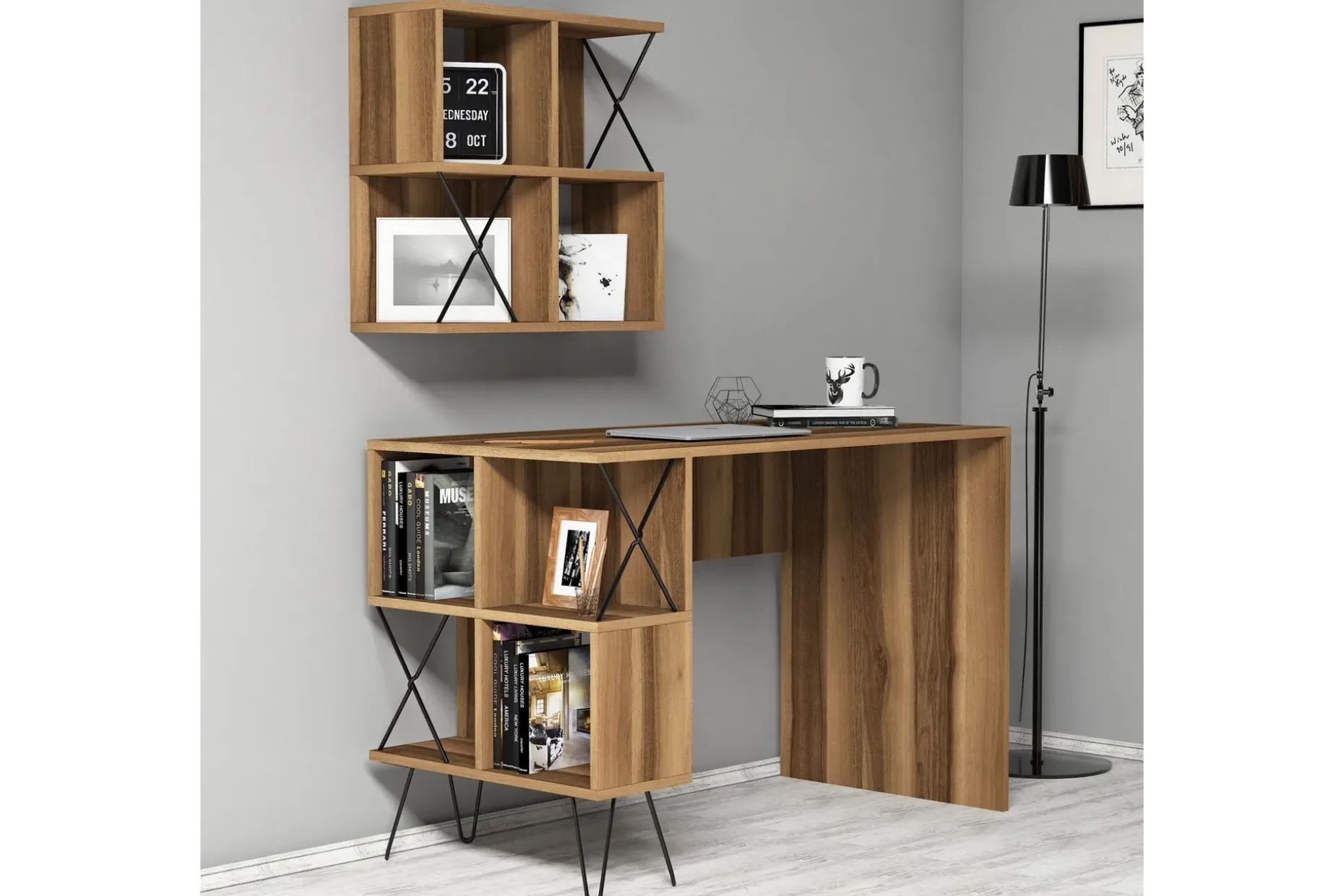 Hovdane Skrivebord 120 cm med Oppbevaring Hylle + Bokhylle L