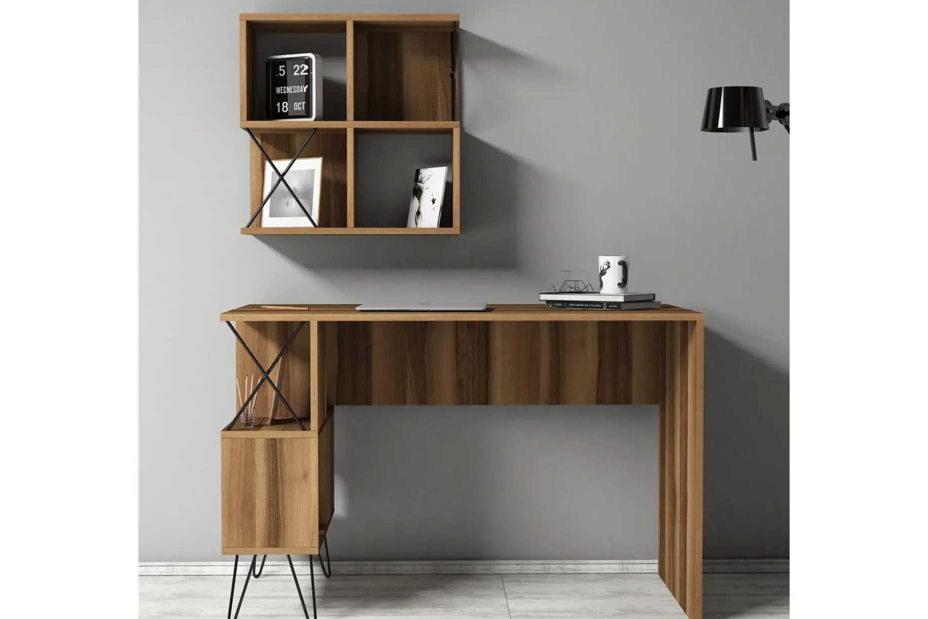 Hovdane Skrivebord 120 cm med Oppbevaring Hylle + Bokhylle L