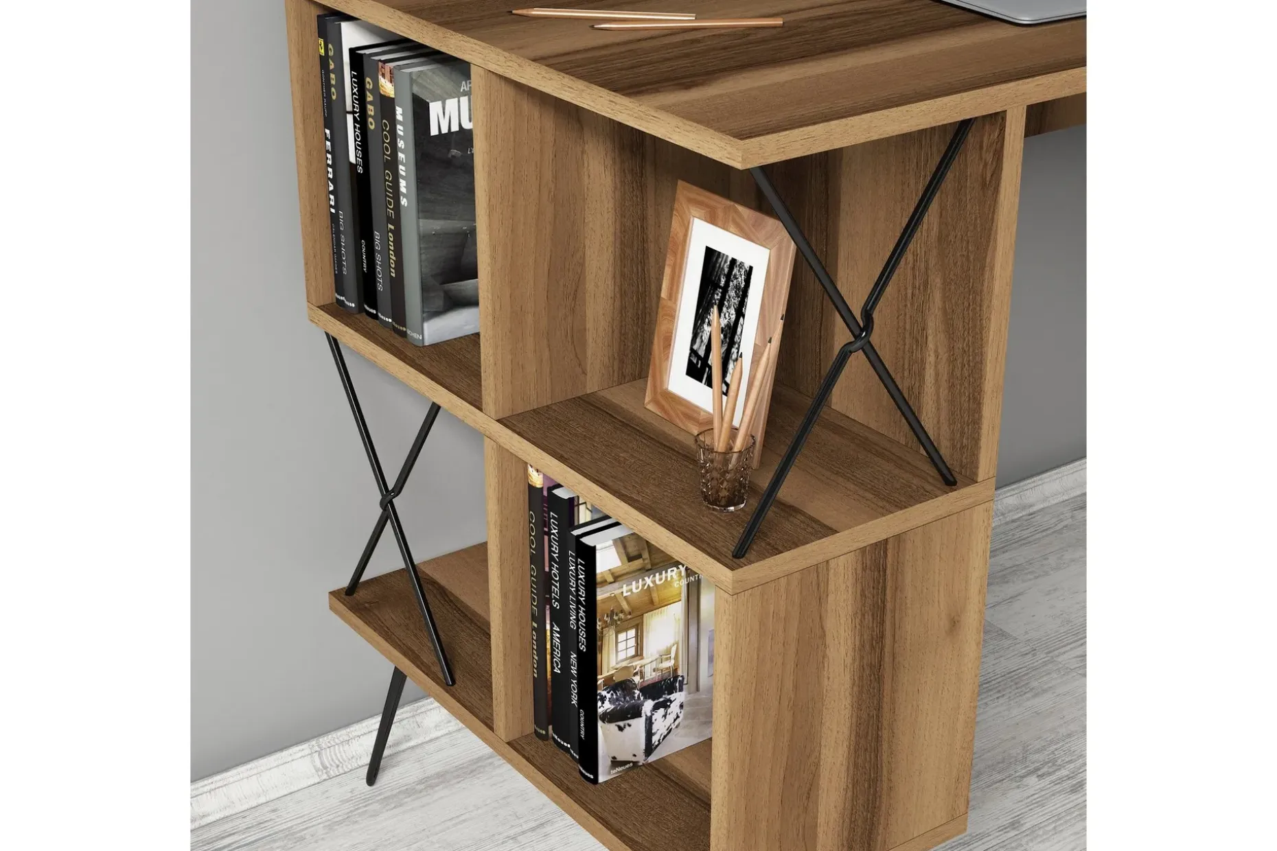 Hovdane Skrivebord 120 cm med Oppbevaring Hylle + Bokhylle L