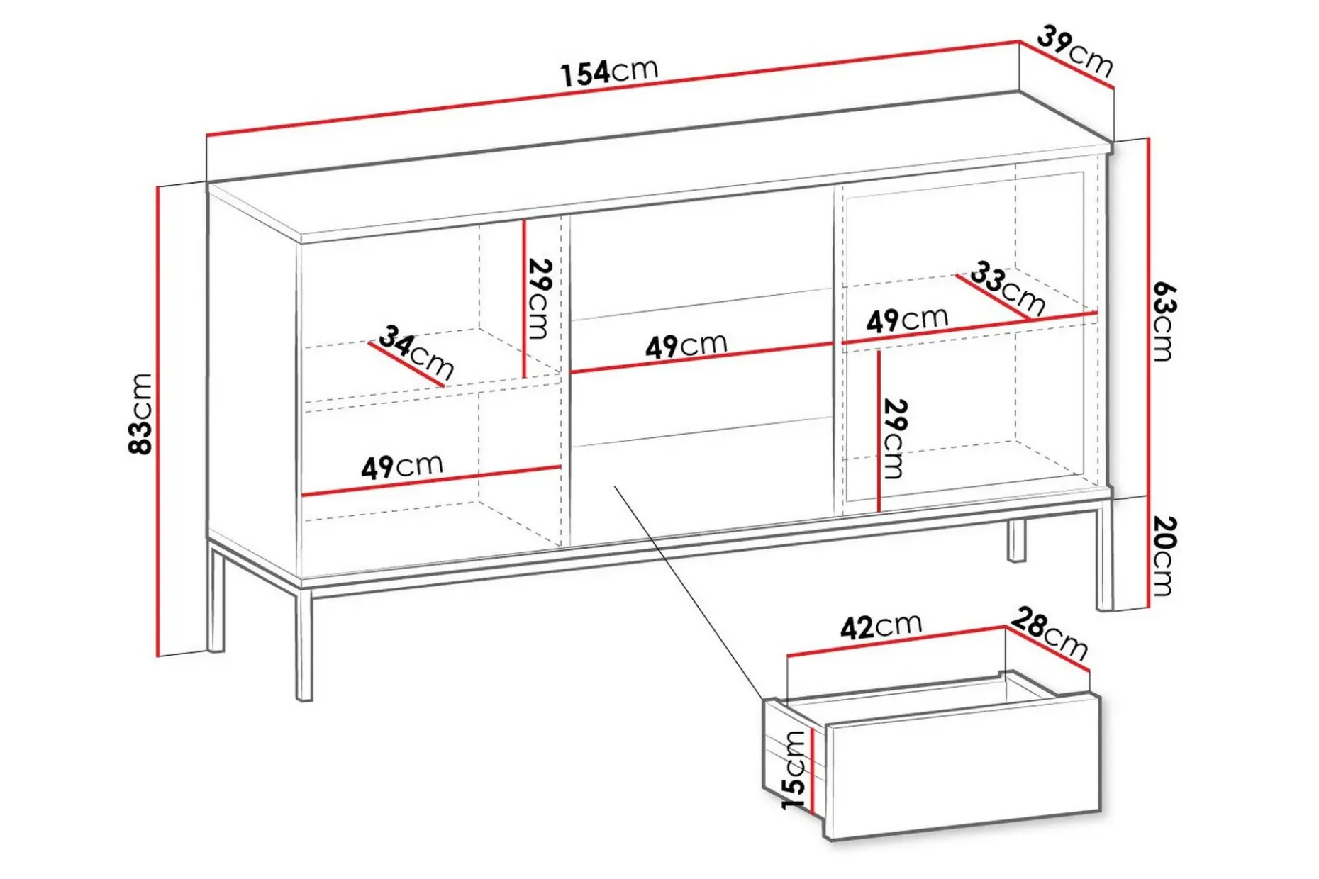 Klinkerville Lavt Vitrineskap Display med belysning 39 cm dybde