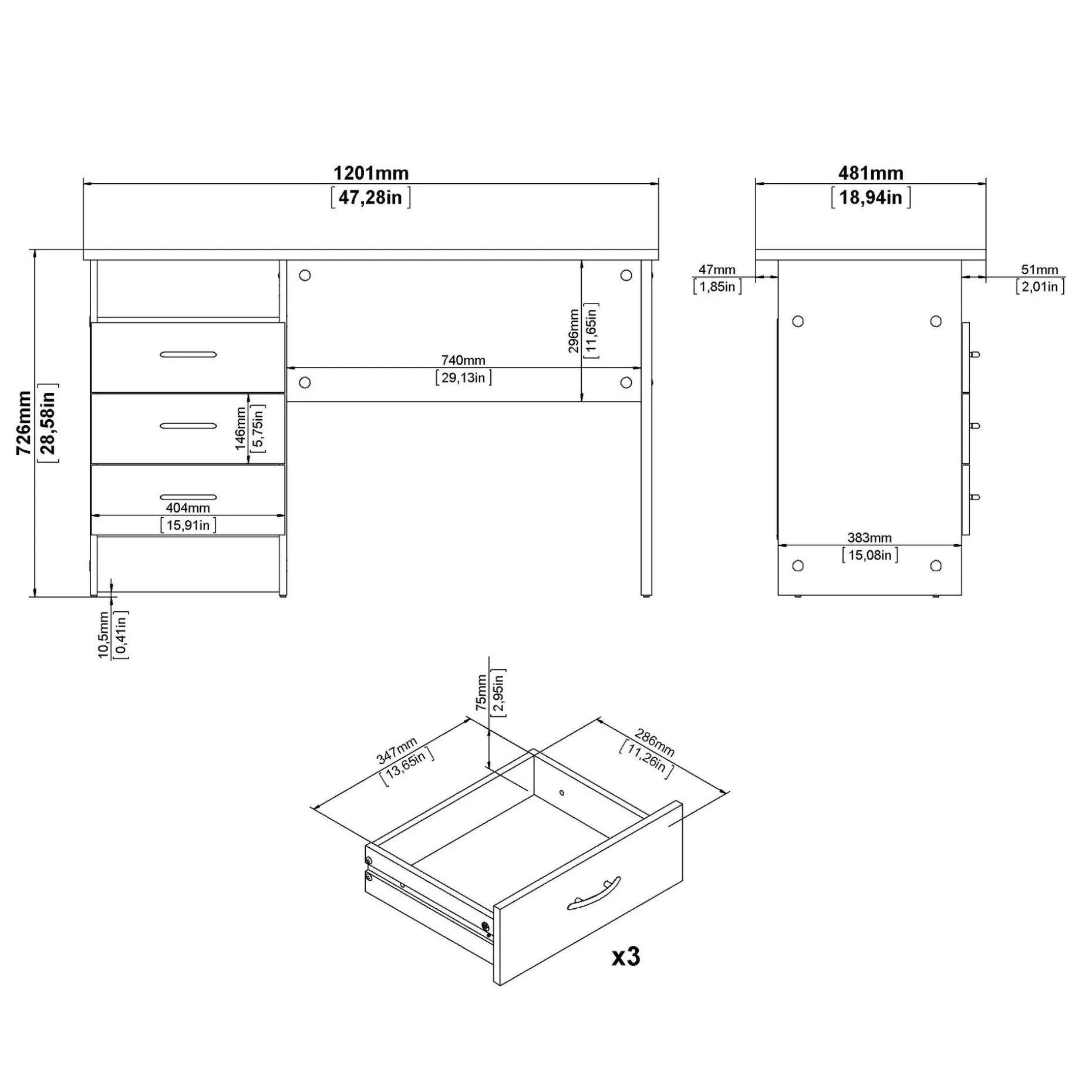 Klintberg Skrivebord med 3 skuffer 120x48x73 cm