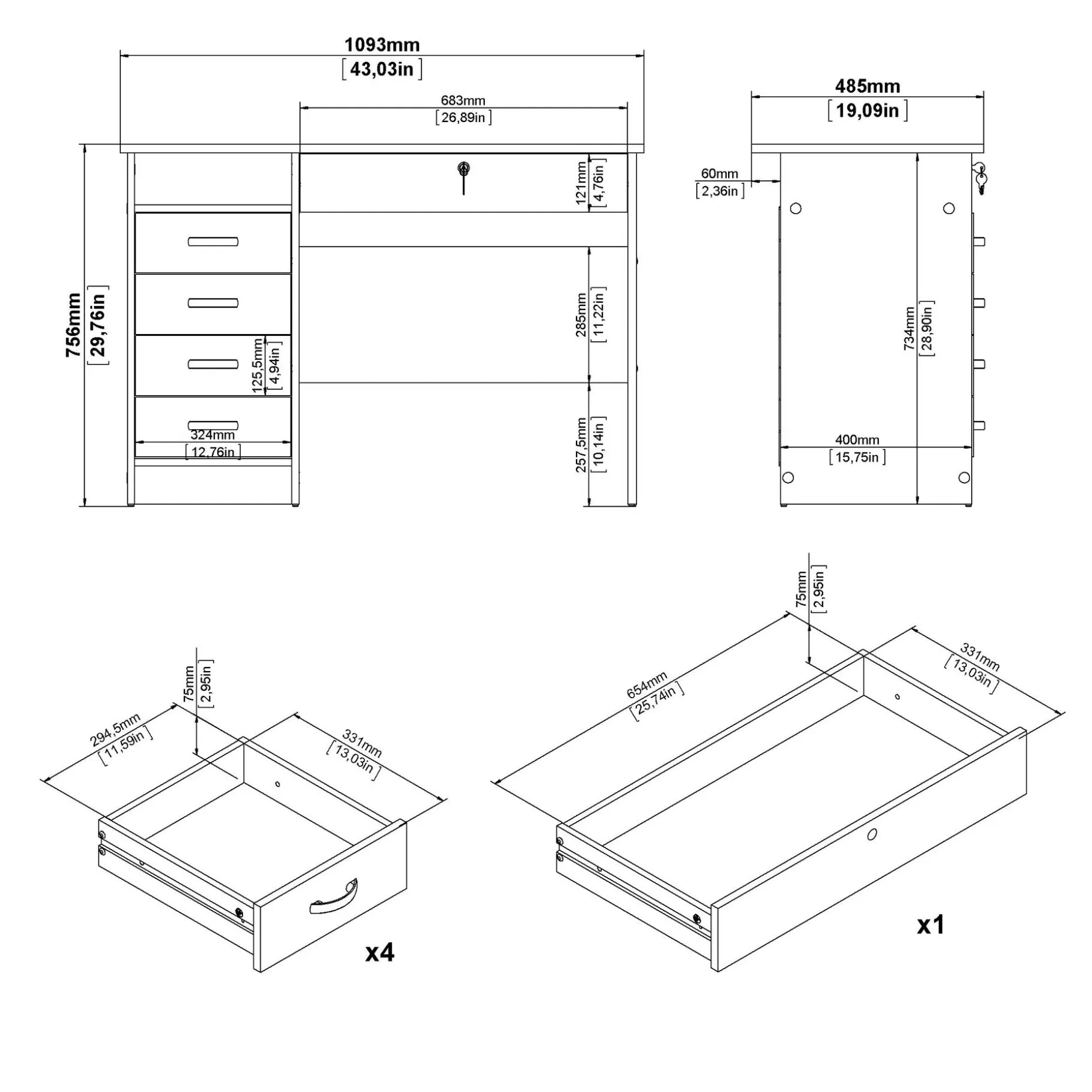 Klintberg Skrivebord med 5 skuffer 109x48x76 cm