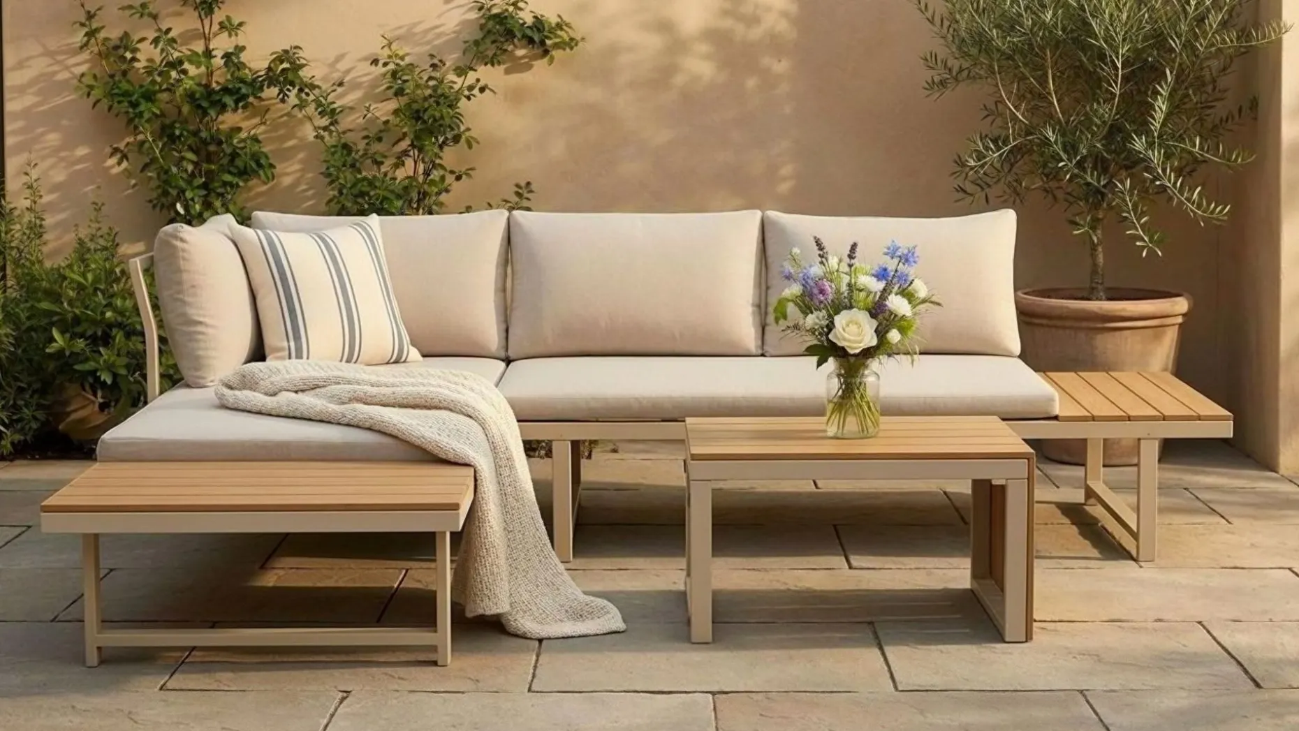 Lainelle 4-seters sofagruppe for altan og terrasse med beige puter
