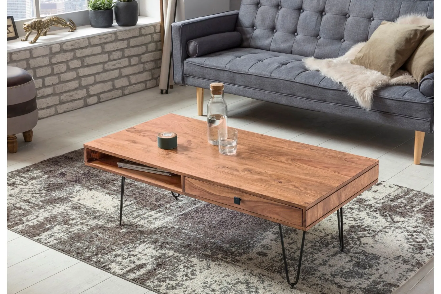 Langner Sofabord 60 cm med Oppbevaring 2 Skuffer + Hyller