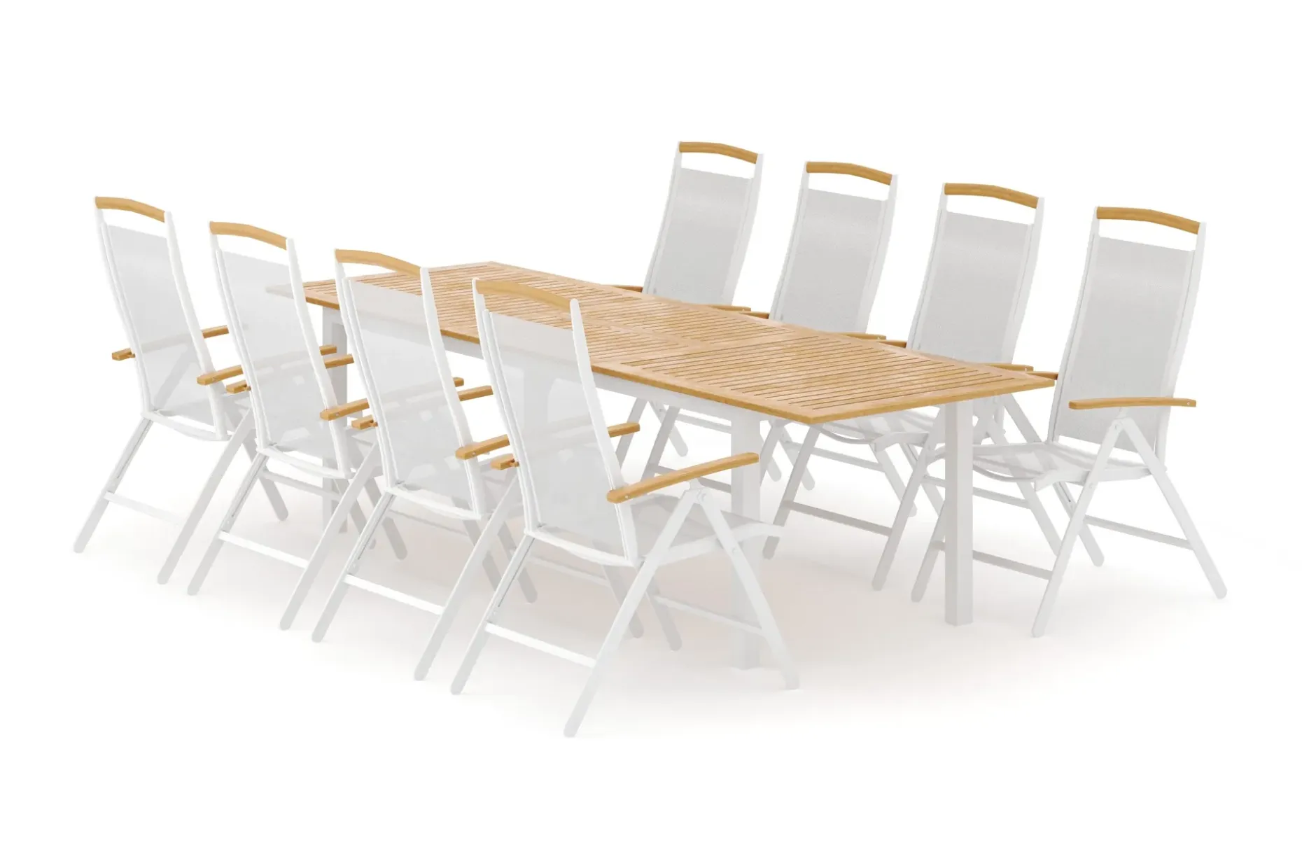 Las Vegas utendørs spisegruppe, uttrekkbar 220x280x100 cm med 8 Las Vegas regulerbare stoler