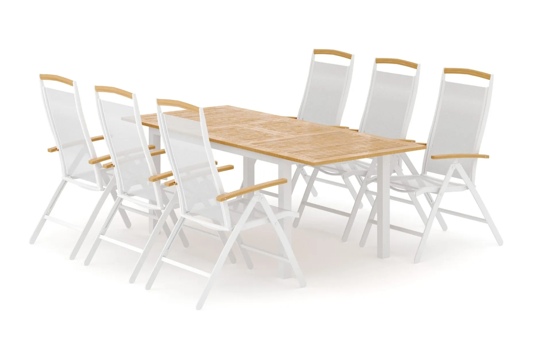 Las Vegas utendørs spisegruppe, uttrekkbar 152–210x90 cm med 6 Las Vegas regulerbare stoler