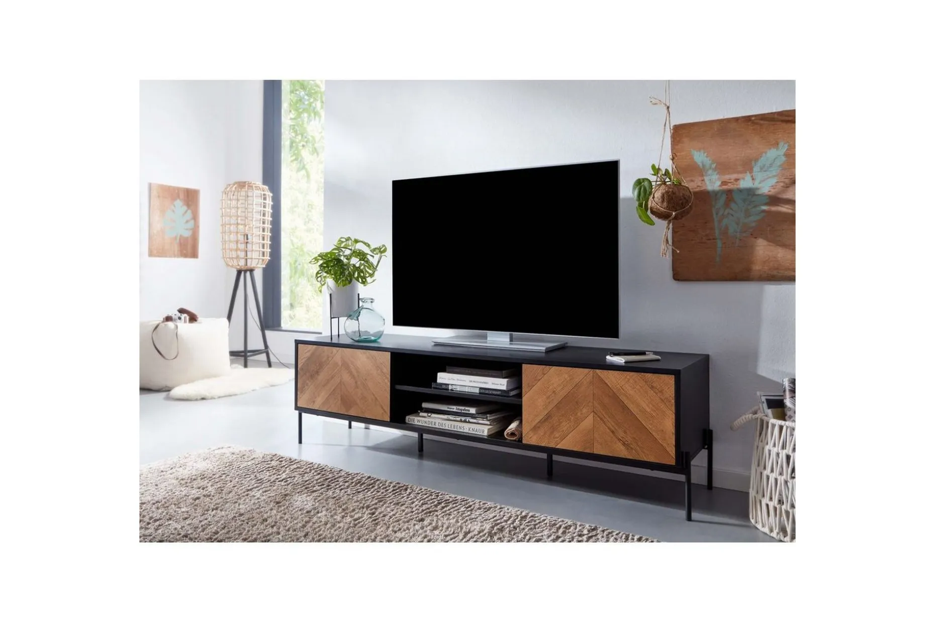 Lavbord Wohnling Eikentre foliert med 2 dører oppbevaringsbrett metallben landlig stil