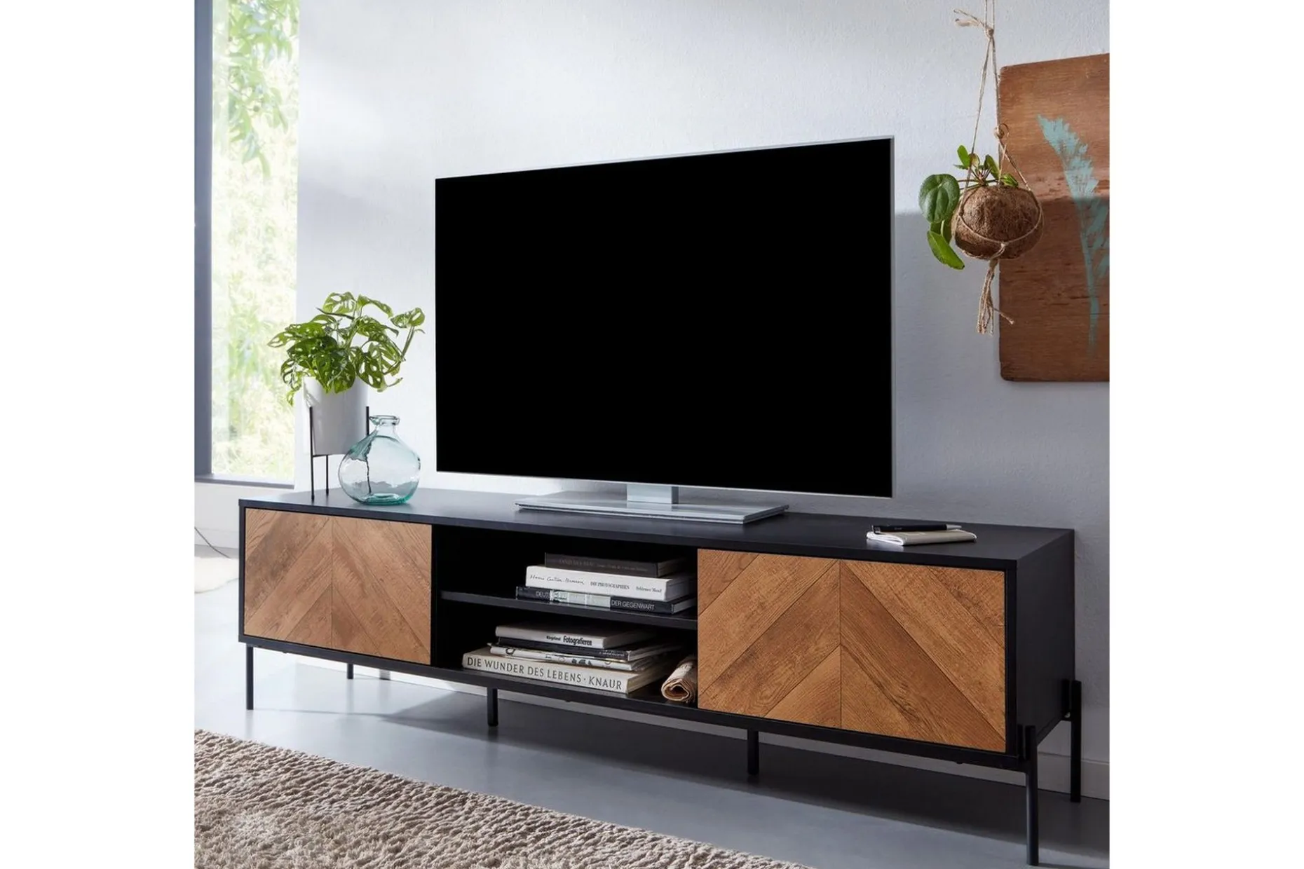 Lavbord Wohnling Eikentre foliert med 2 dører oppbevaringsbrett metallben landlig stil