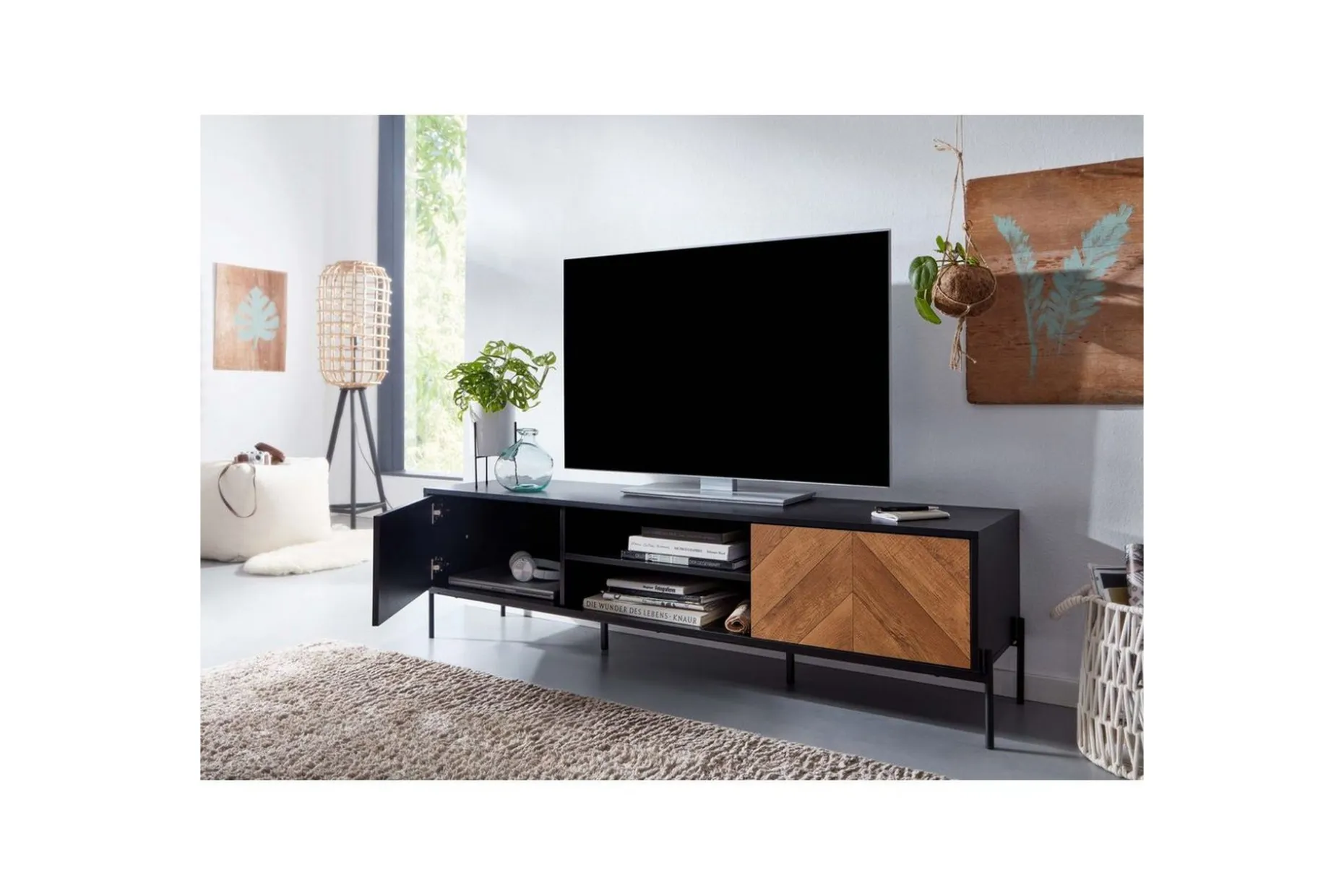 Lavbord Wohnling Eikentre foliert med 2 dører oppbevaringsbrett metallben landlig stil