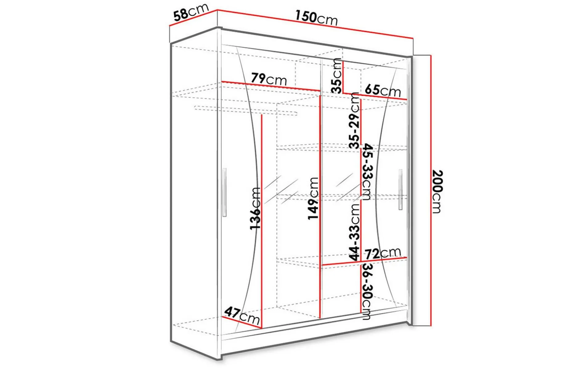 Leila Garderobe 150 cm Skyvedører Buet Speil
