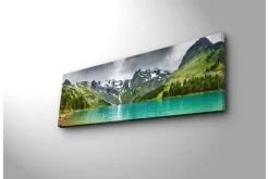 Lerretsbilde med LED-belysning 30x90 cm - Storslått fjellandskap med en glitrende innsjø