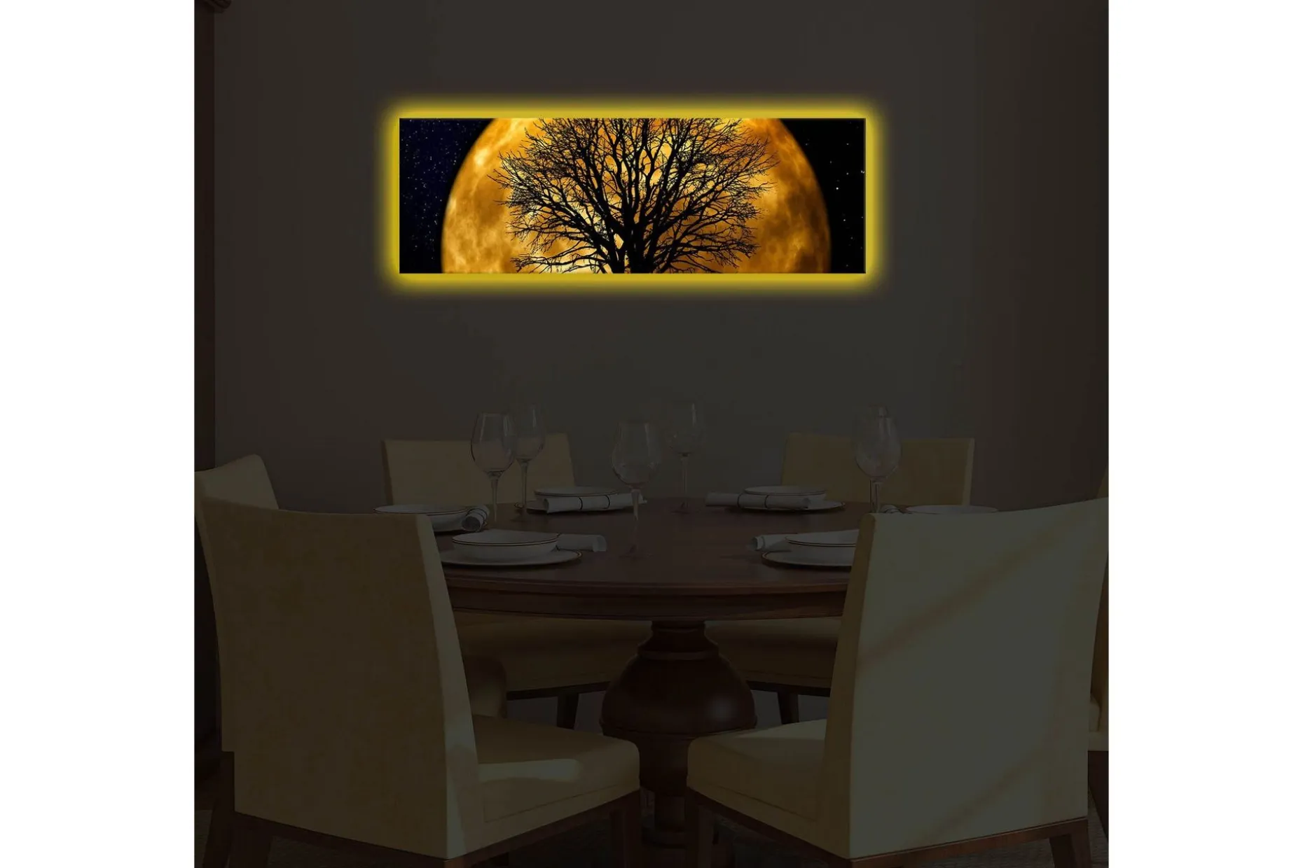 Lerretsbilde med LED-belysning 30x90 cm - Atmosfærisk motiv av en måne bak en silhuett av et tre