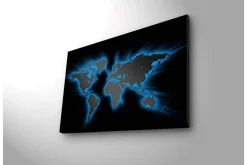 Lerretsbilde med LED-belysning 45x70 cm - Verdenskart med lyseblå konturer mot svart bakgrunn