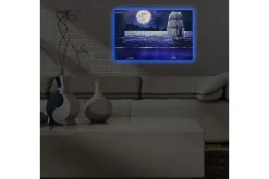 Lerretsbilde med LED-belysning 45x70 cm - Skip som seiler under fullmåne på en stjerneklar natt