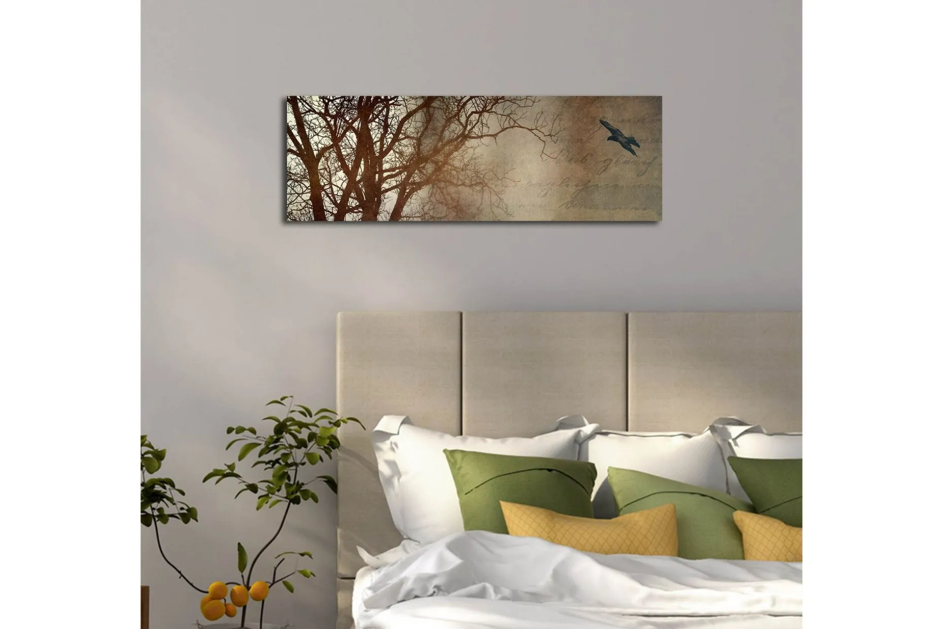 Lerretsbilde med LED-belysning 30x90 cm - Silhuett av et tre med en fugl i flukt mot en mykt tonet bakgrunn