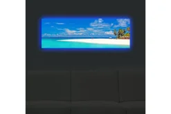 Lerretsbilde med LED-belysning 30x90 cm - Paradisstrand med turkis vann og palmer