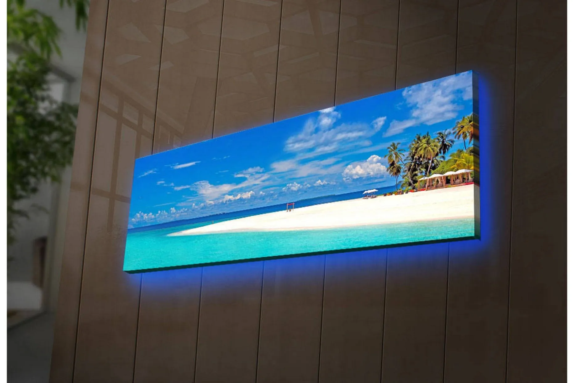 Lerretsbilde med LED-belysning 30x90 cm - Paradisstrand med turkis vann og palmer
